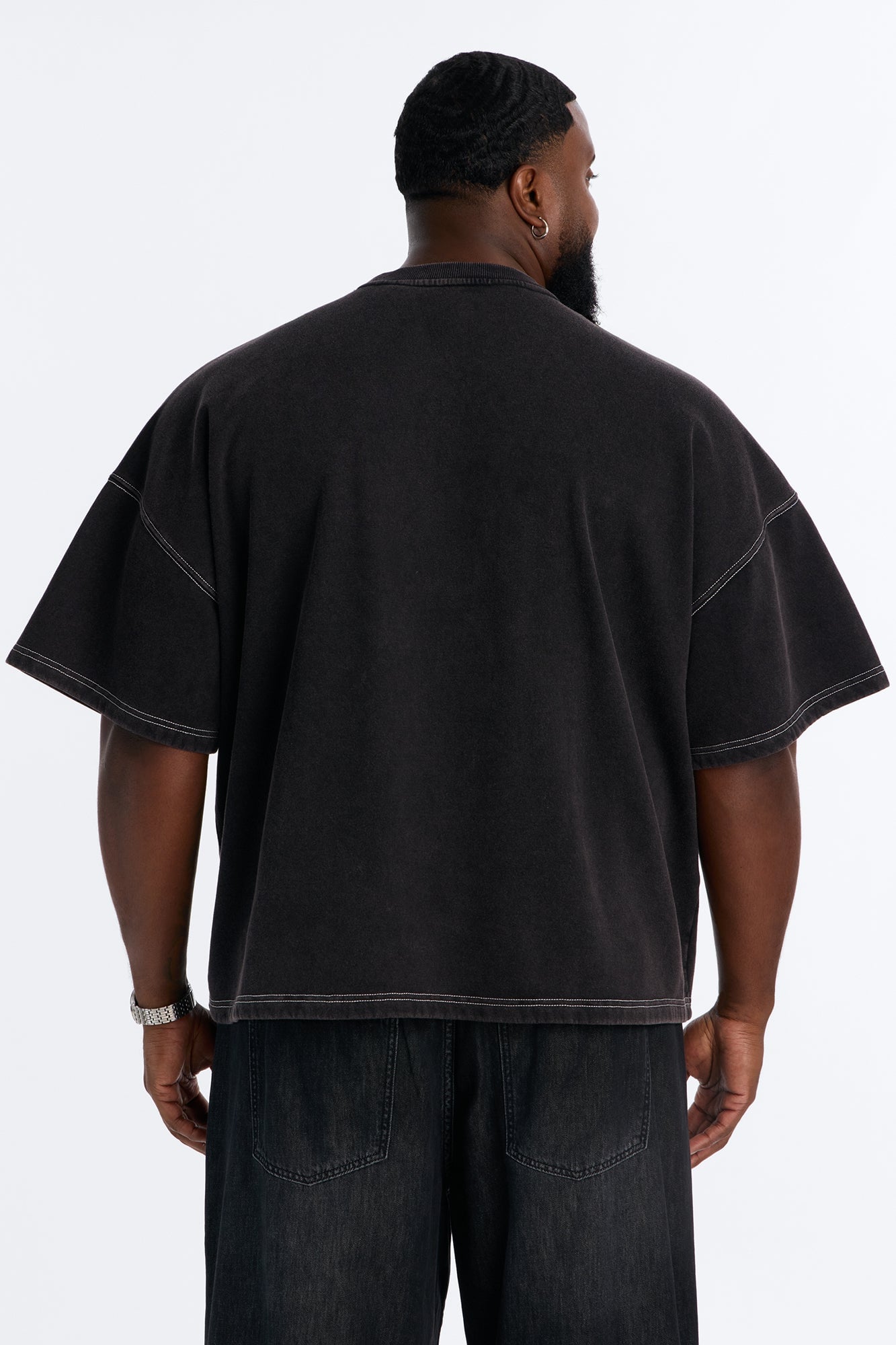 Kai Washed Contrast Stitch Oversized Fleece Tee - Black image 4