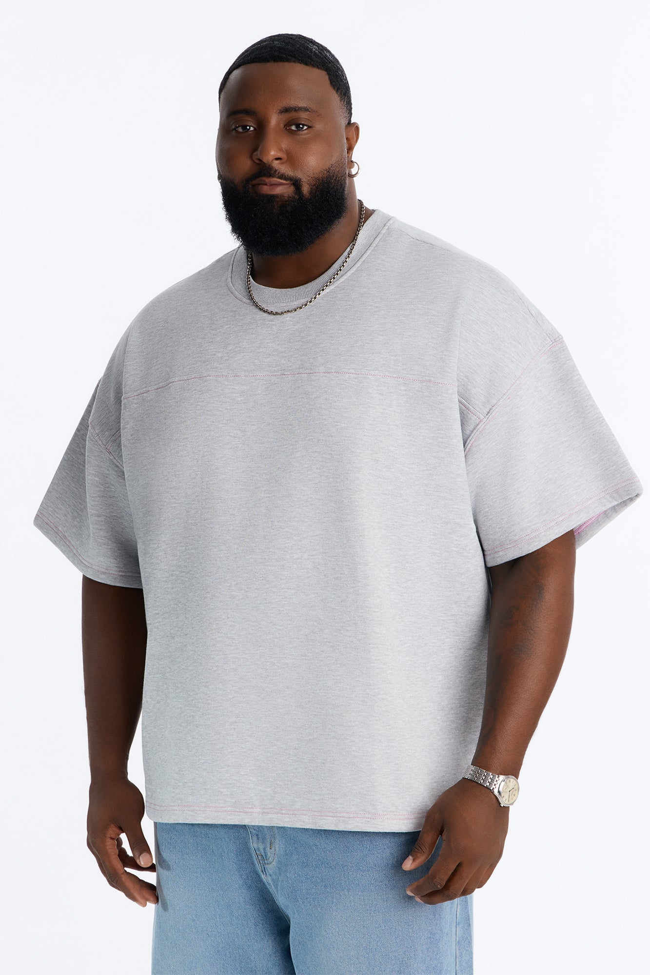Kai Washed Contrast Stitch Oversized Fleece Tee - Heather Grey image 1