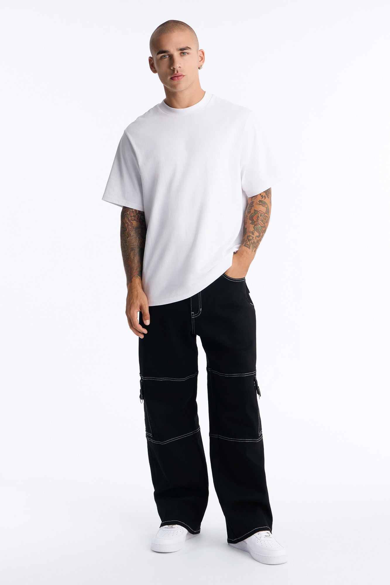 Contrast Stitch D-Ring Baggy Cargo Jean - Black image 5