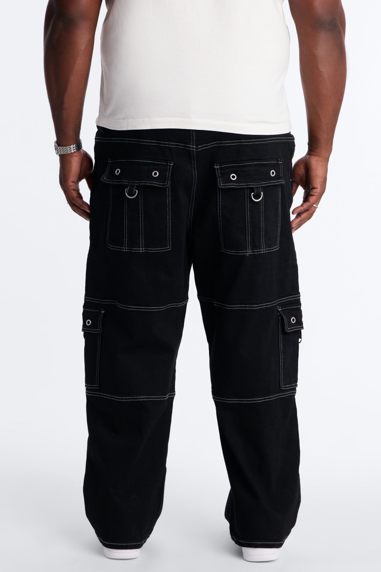 Contrast Stitch D-Ring Baggy Cargo Jean - Black image 3
