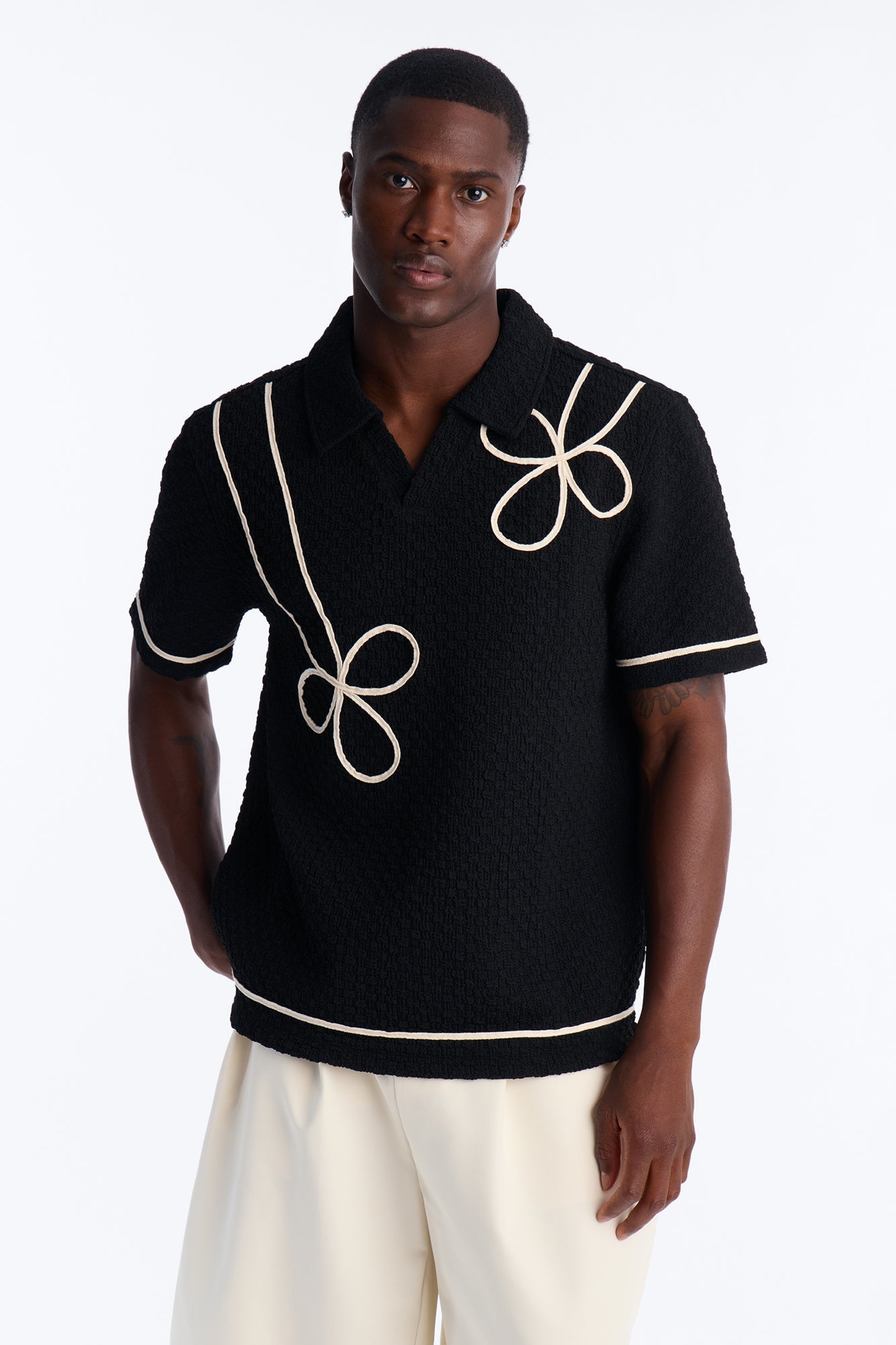 Soho Weave Applique Textured Johnny Collar Polo - Black/combo image 5