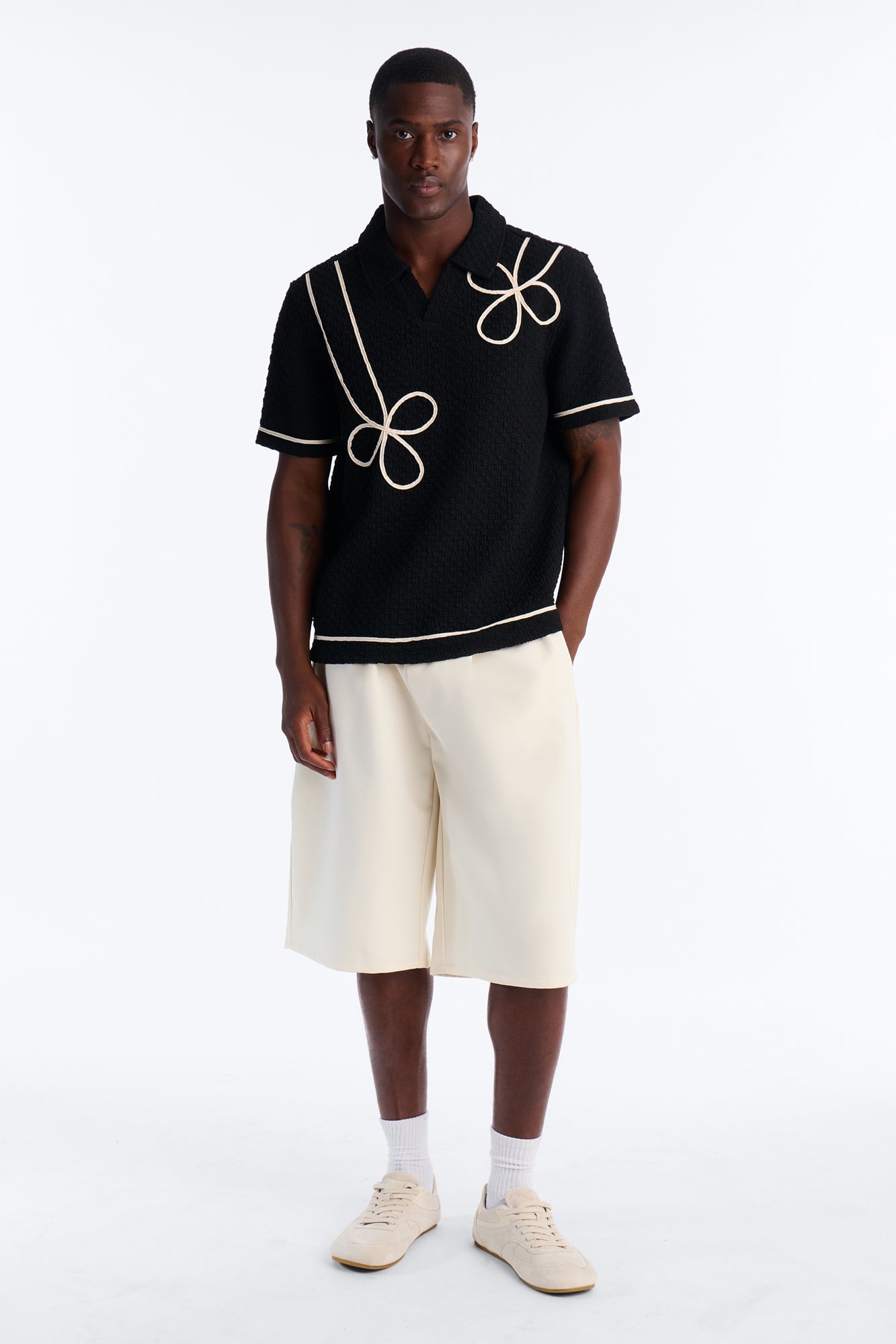 Soho Weave Applique Textured Johnny Collar Polo - Black/combo image 6