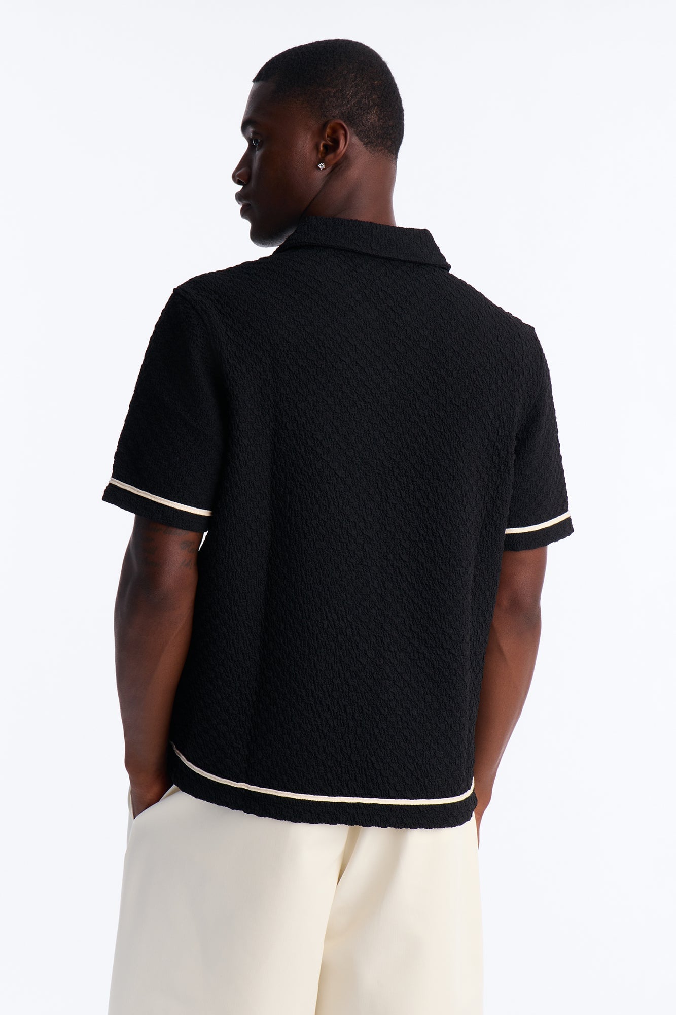 Soho Weave Applique Textured Johnny Collar Polo - Black/combo image 8