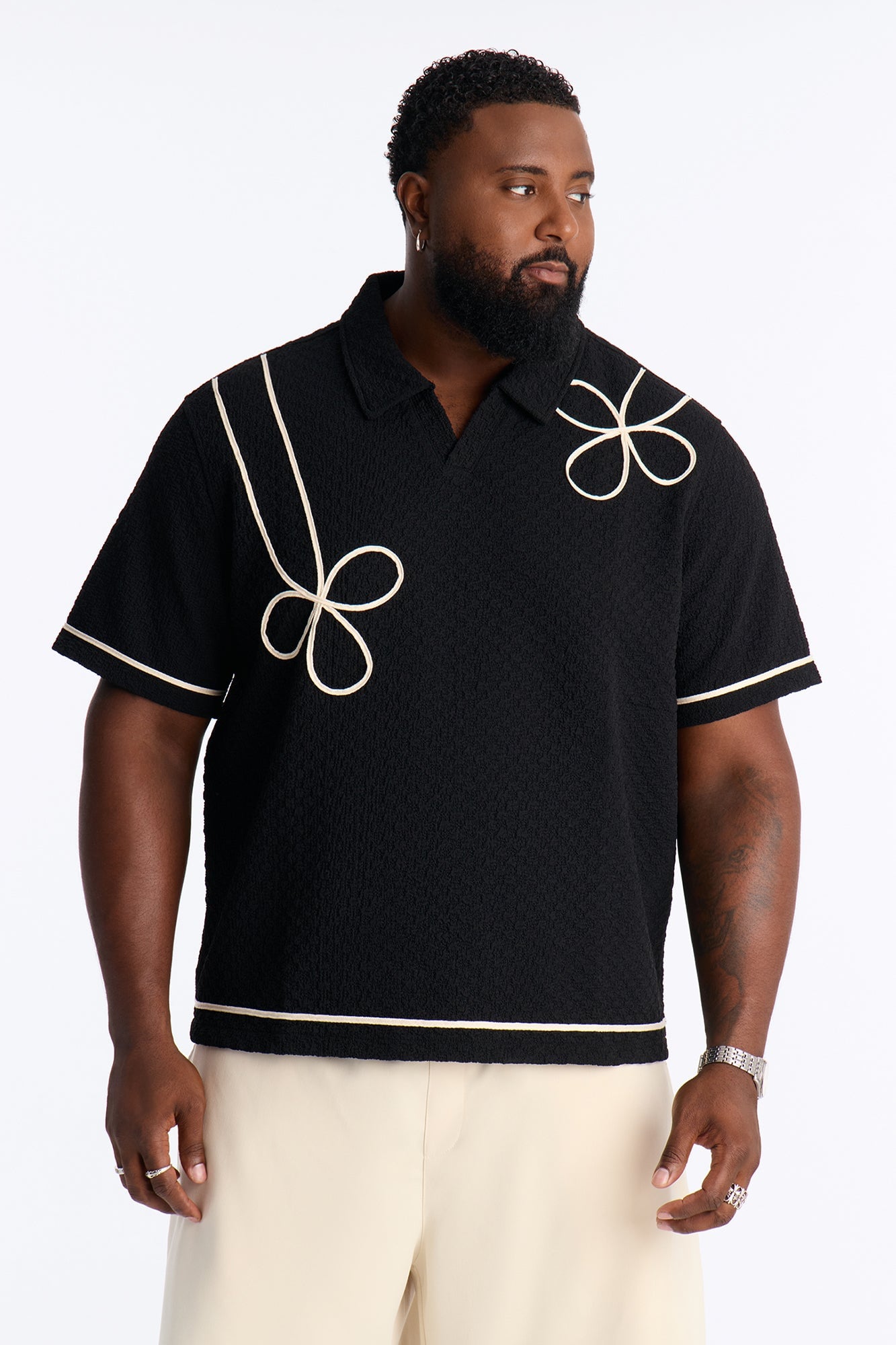 Soho Weave Applique Textured Johnny Collar Polo - Black/combo image 1