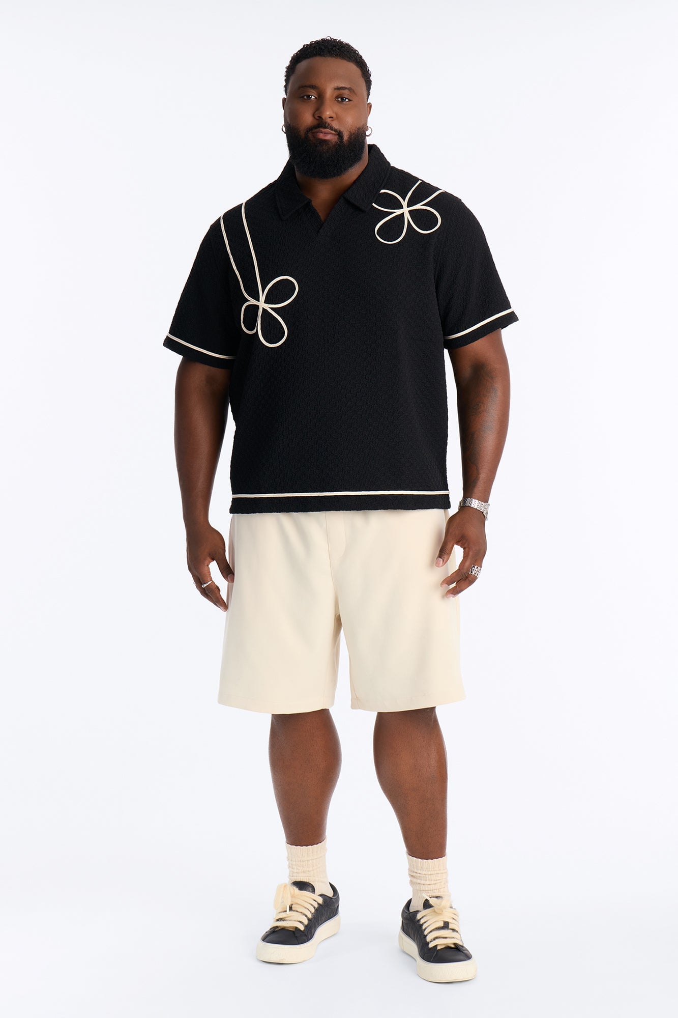 Soho Weave Applique Textured Johnny Collar Polo - Black/combo image 2