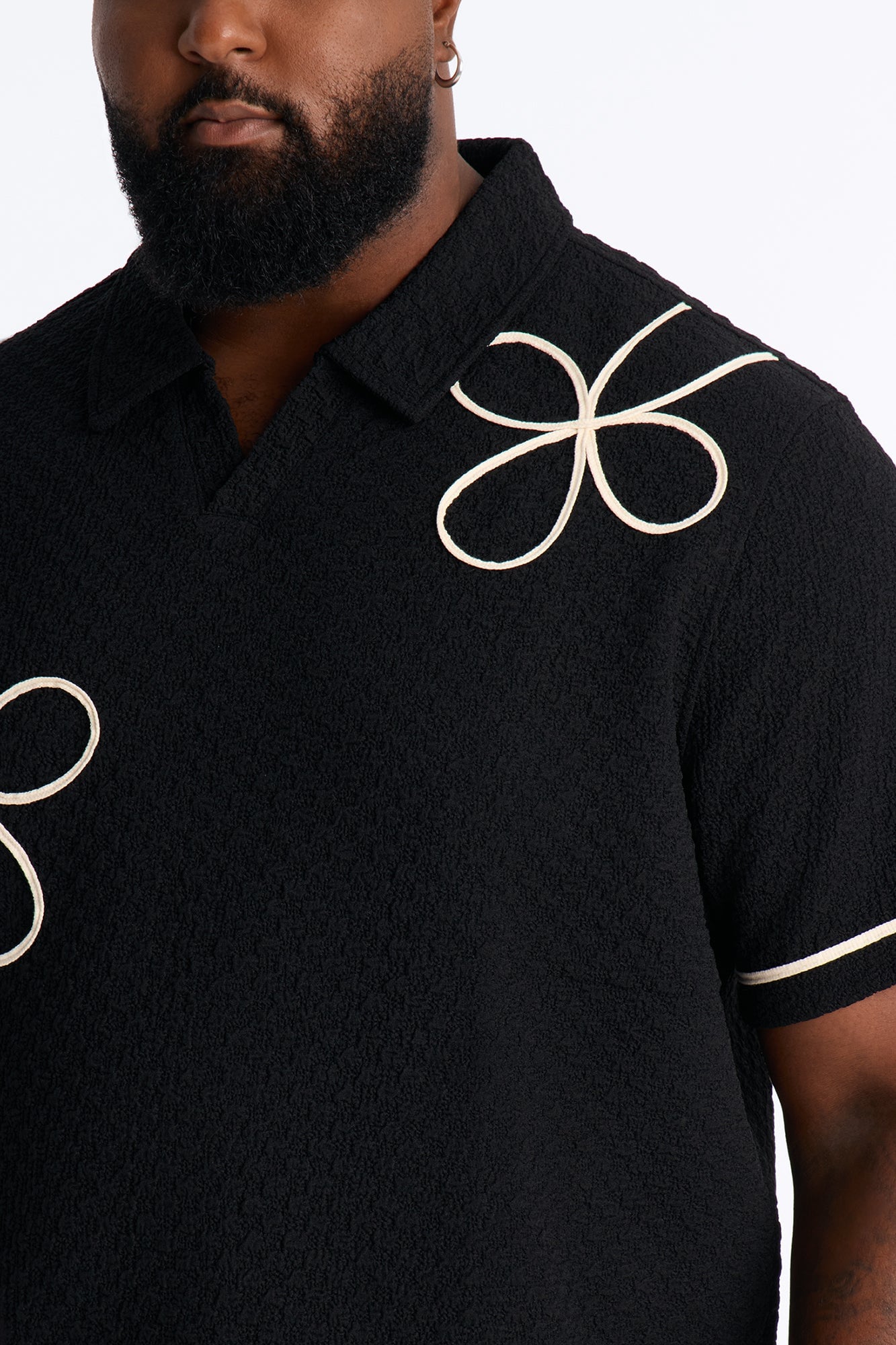 Soho Weave Applique Textured Johnny Collar Polo - Black/combo image 4