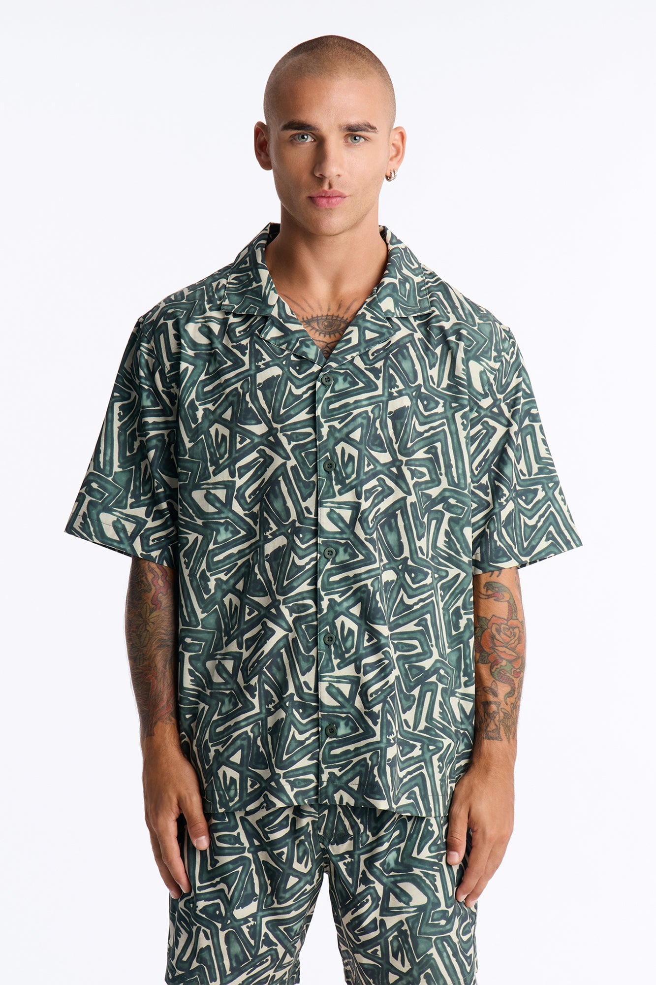 Relaxed Tidal Vector Cuban Collar Button Up Shirt - Green/combo image 5