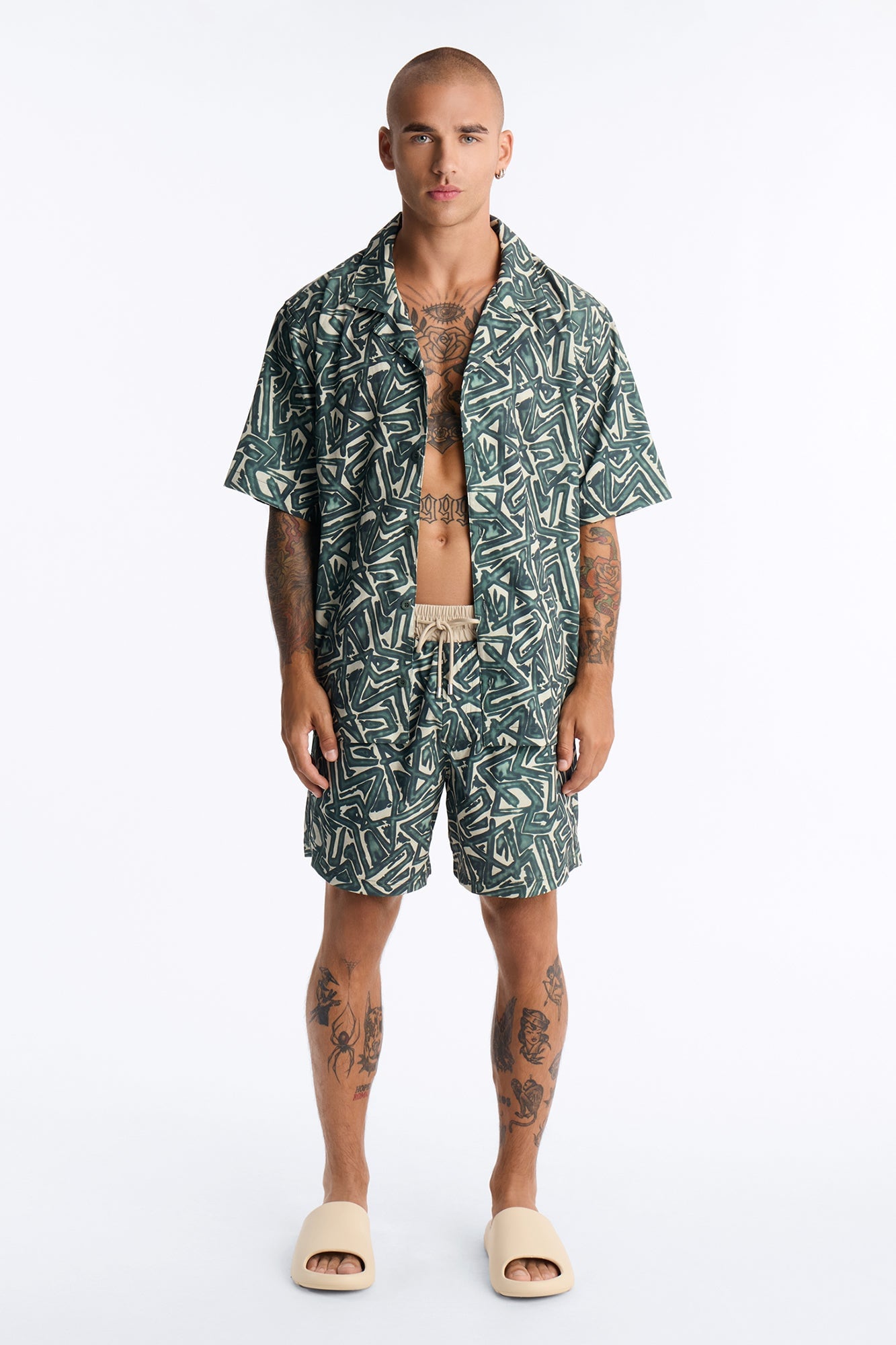 Relaxed Tidal Vector Cuban Collar Button Up Shirt - Green/combo image 6