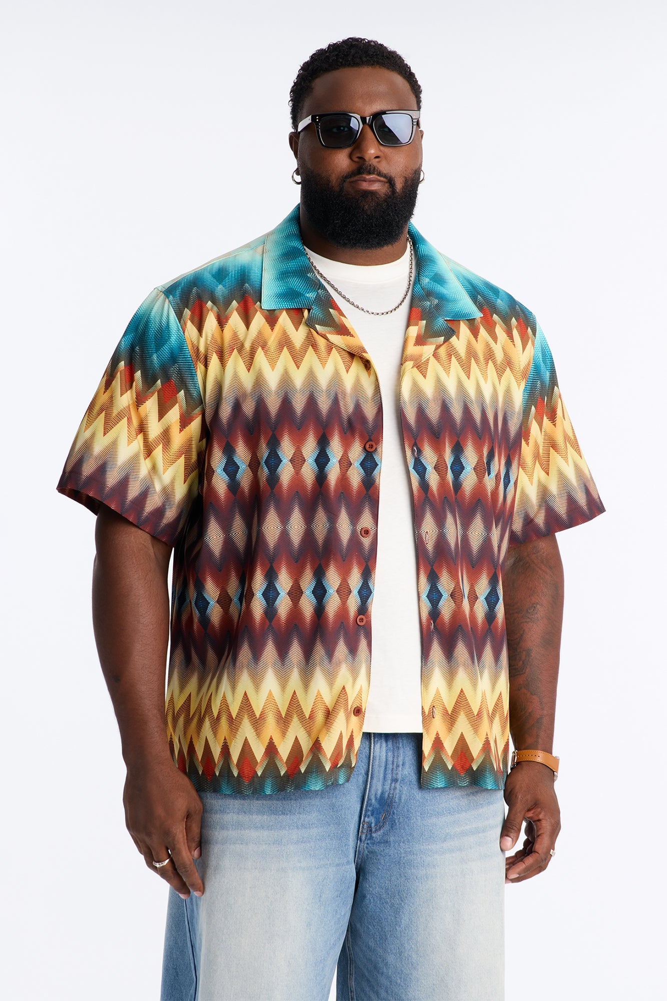 Relaxed Geometric Blur Cuban Collar Button Up Shirt - Multi Color image 1