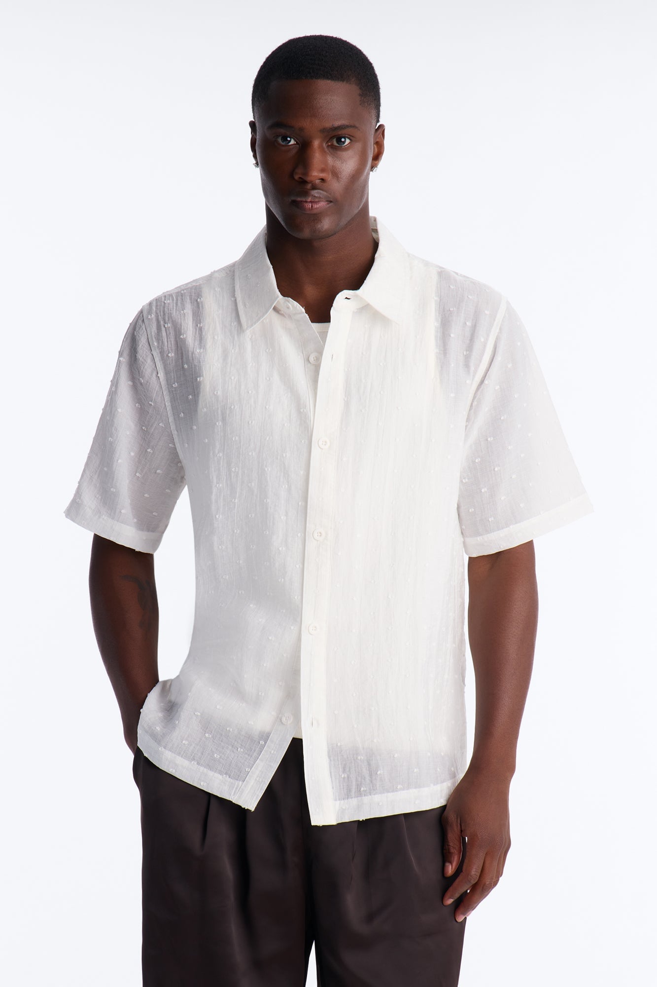 Dotted Swiss Button Up Shirt - White image 5
