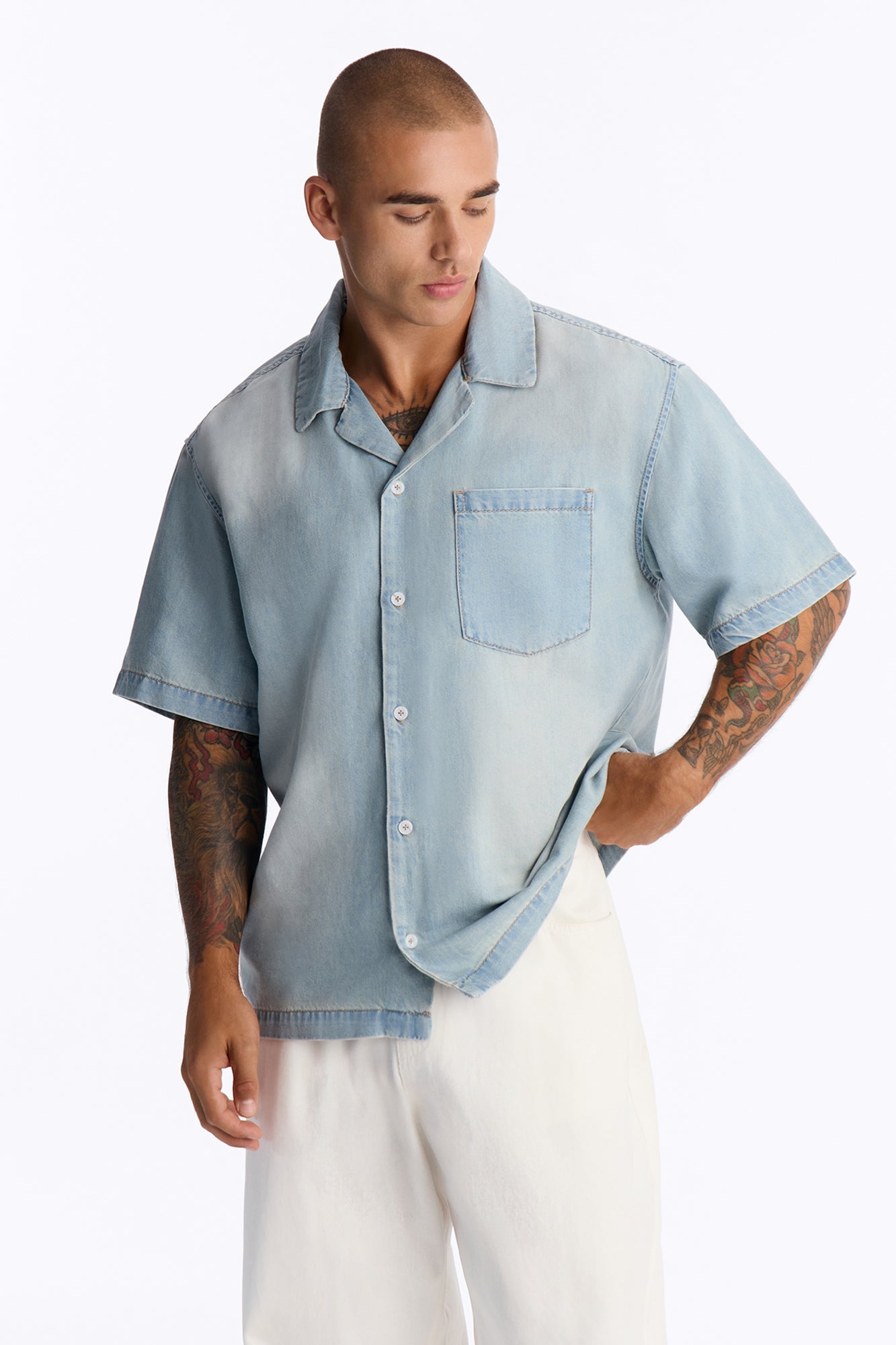 Everyday Hemp Relaxed Cuban Collar Denim Shirt - Light Blue Wash image 5