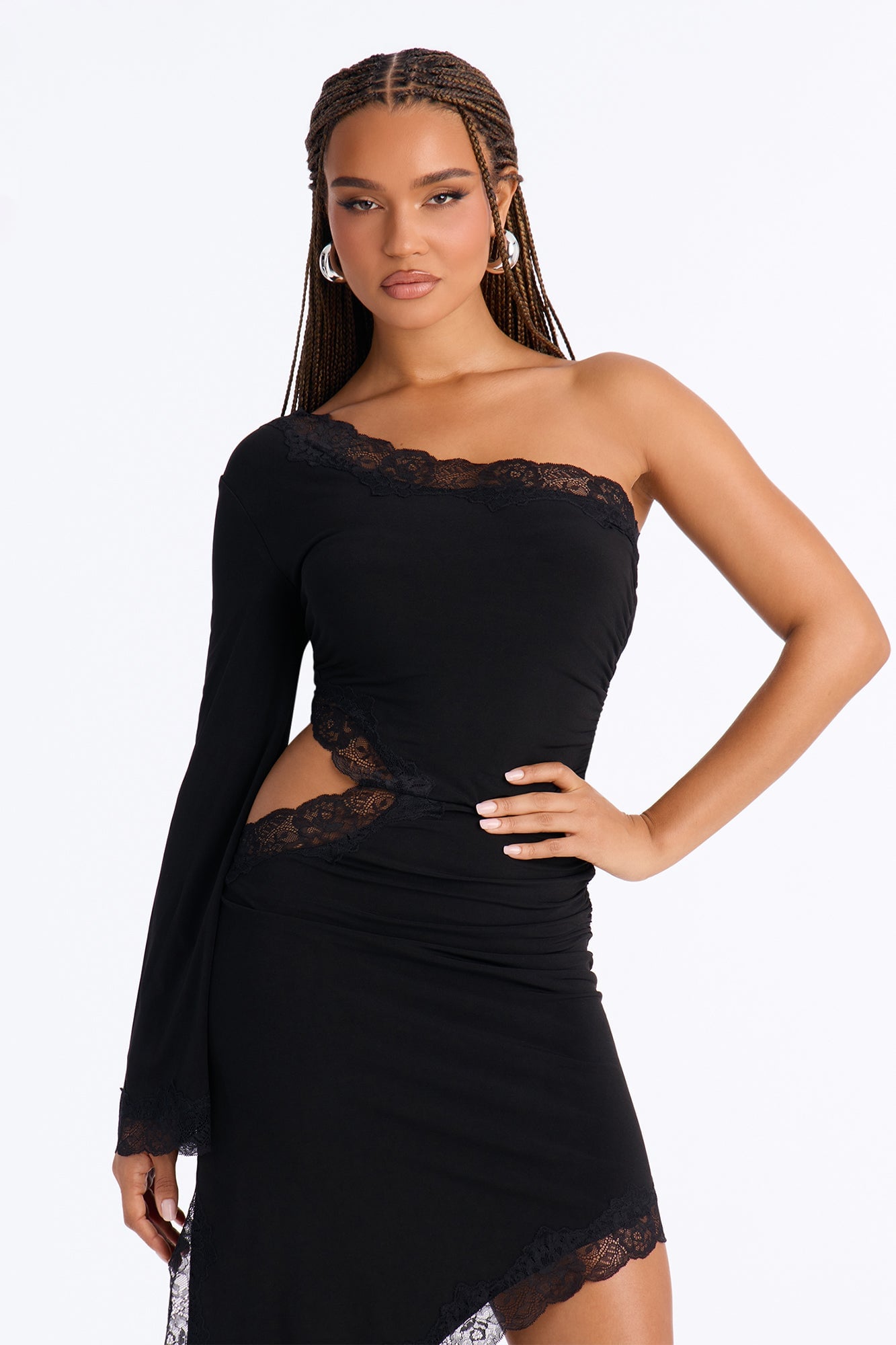 Can't Play Nice Lace Asymmetrical Midi Dress - Black image 2