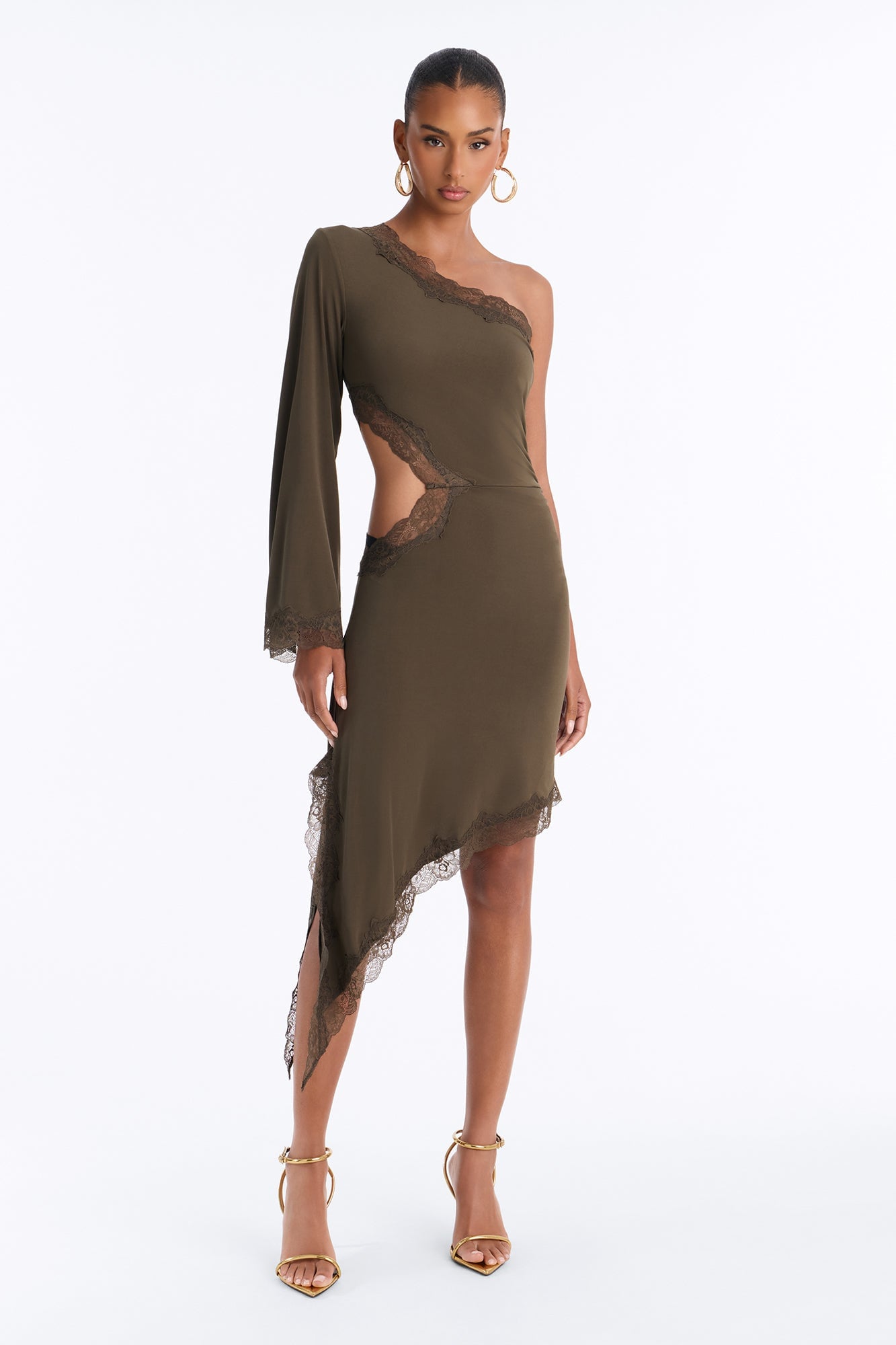 Can't Play Nice Lace Asymmetrical Midi Dress - Olive image 1