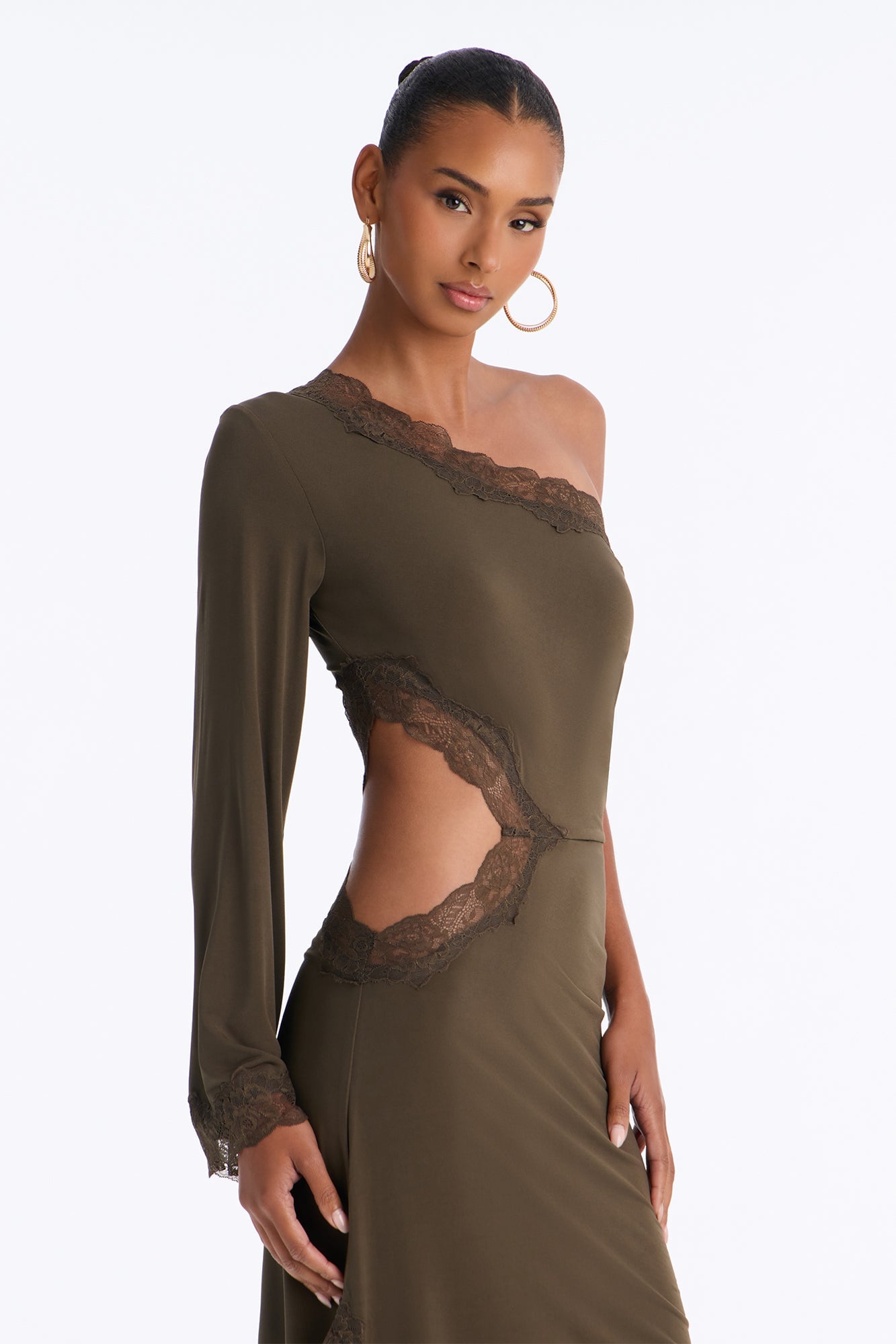 Can't Play Nice Lace Asymmetrical Midi Dress - Olive image 2