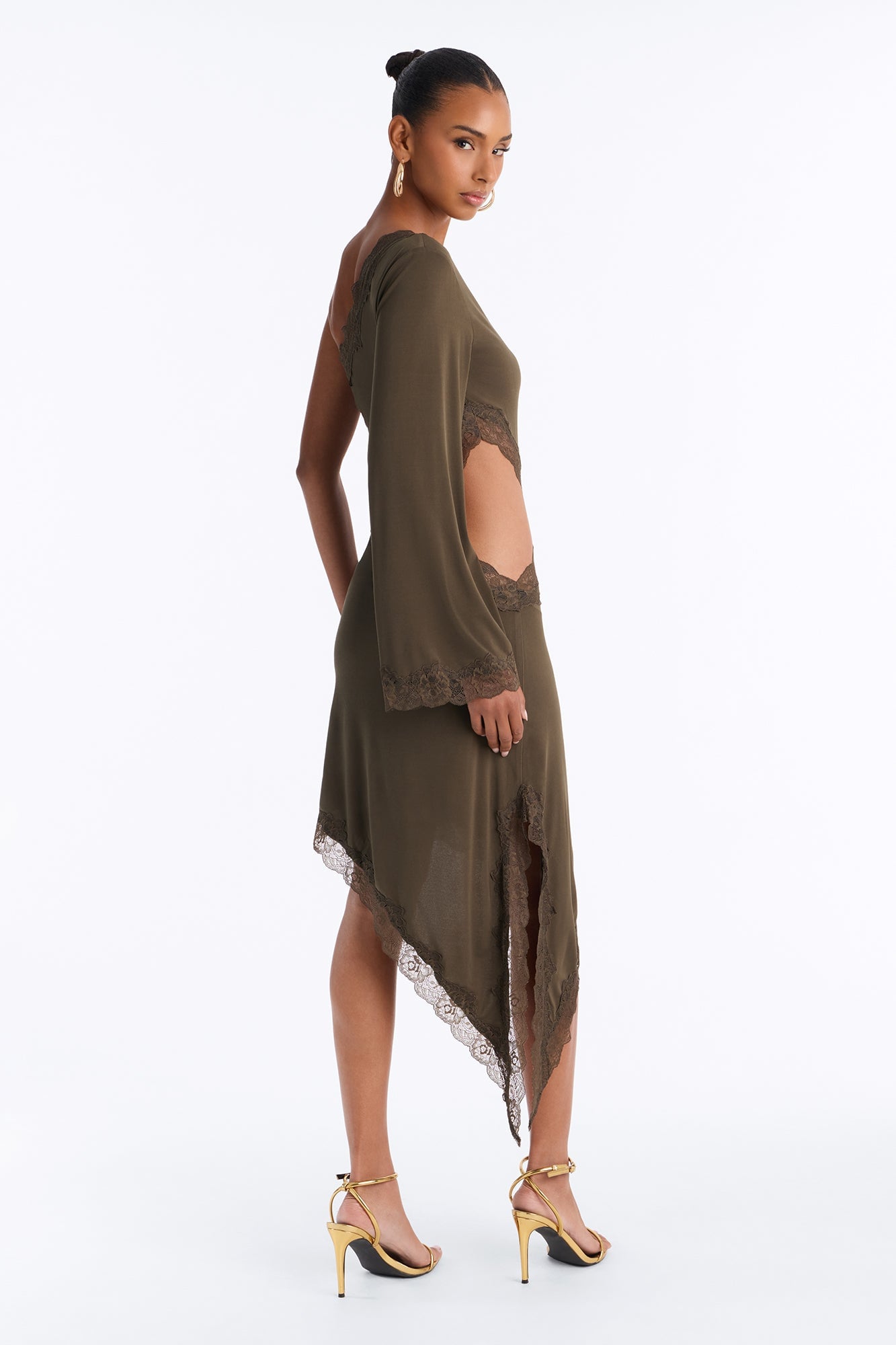 Can't Play Nice Lace Asymmetrical Midi Dress - Olive image 3