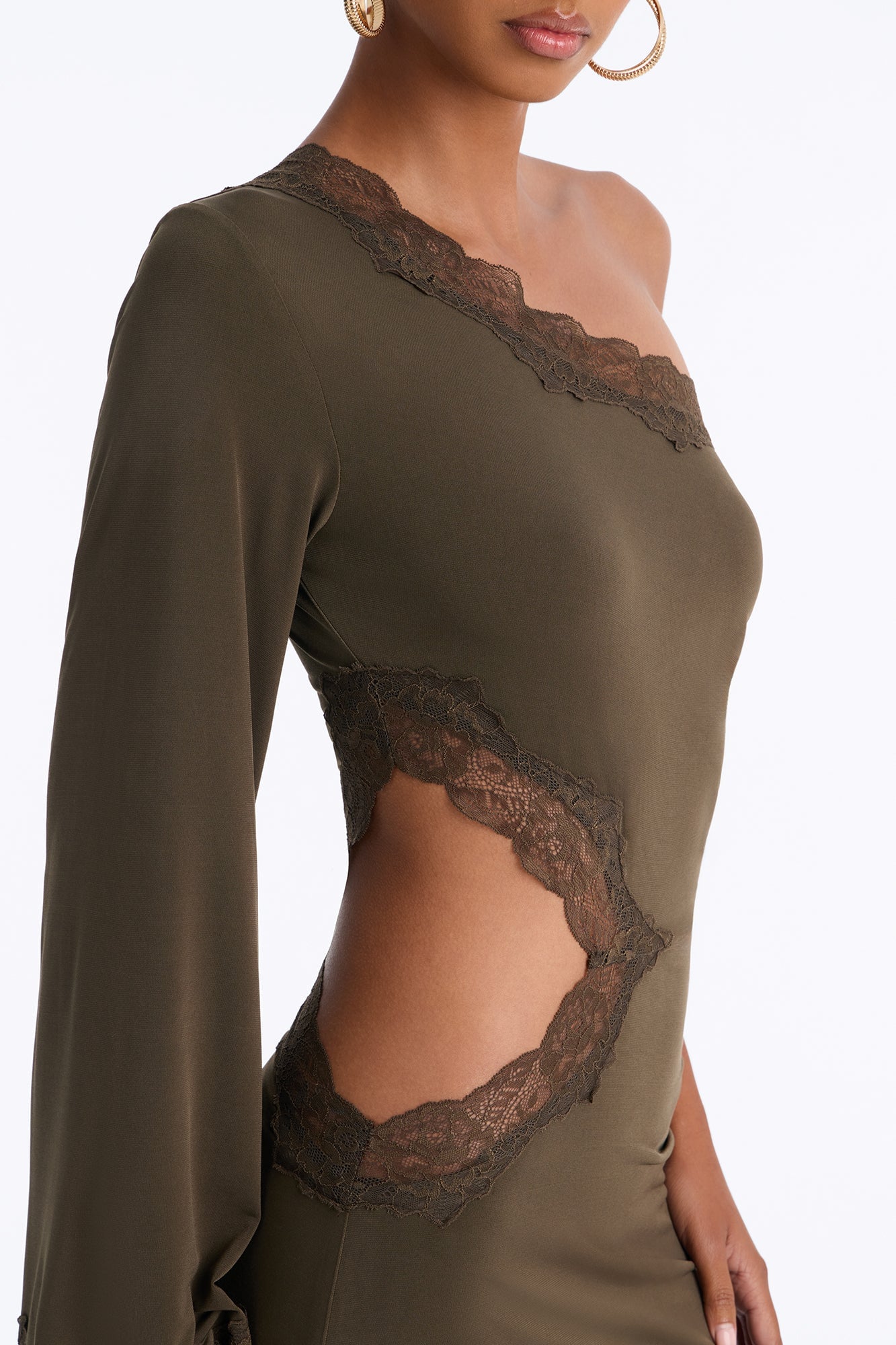 Can't Play Nice Lace Asymmetrical Midi Dress - Olive image 4