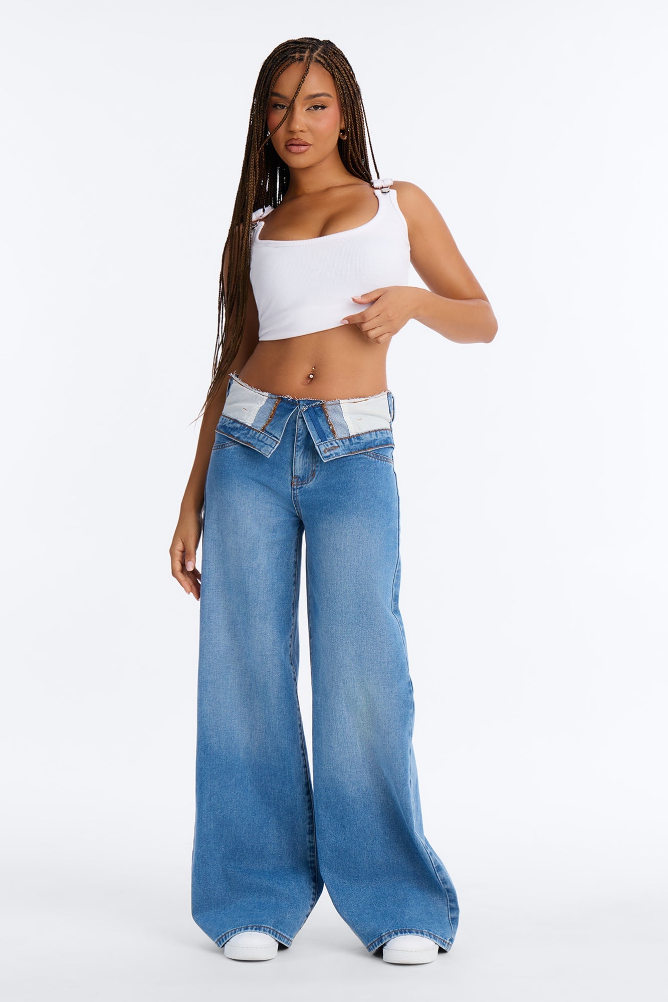 Take A Hint Foldover Wide Leg Jeans - Medium Wash image 2
