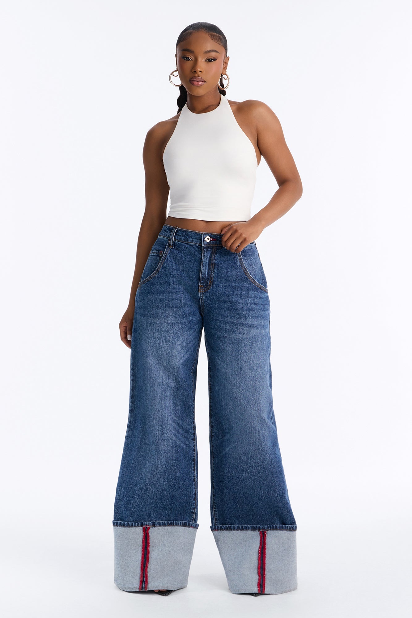 Cuffing Season Premium Turn Up Wide Leg Jeans - Dark Wash image 6