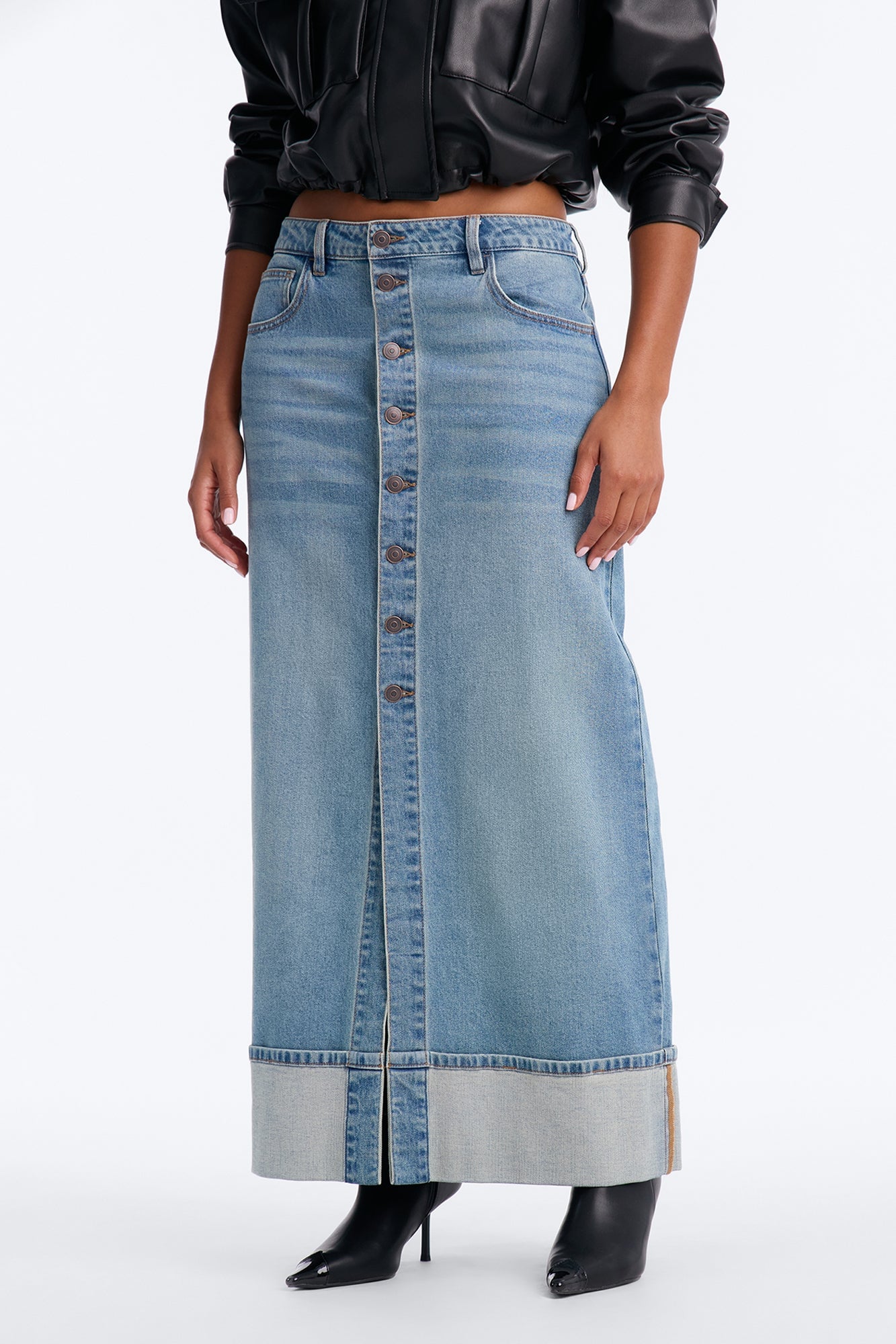 Loulou Mid Rise Denim Cuffed Hem Ankle Maxi Skirt - Vintage Wash image 6