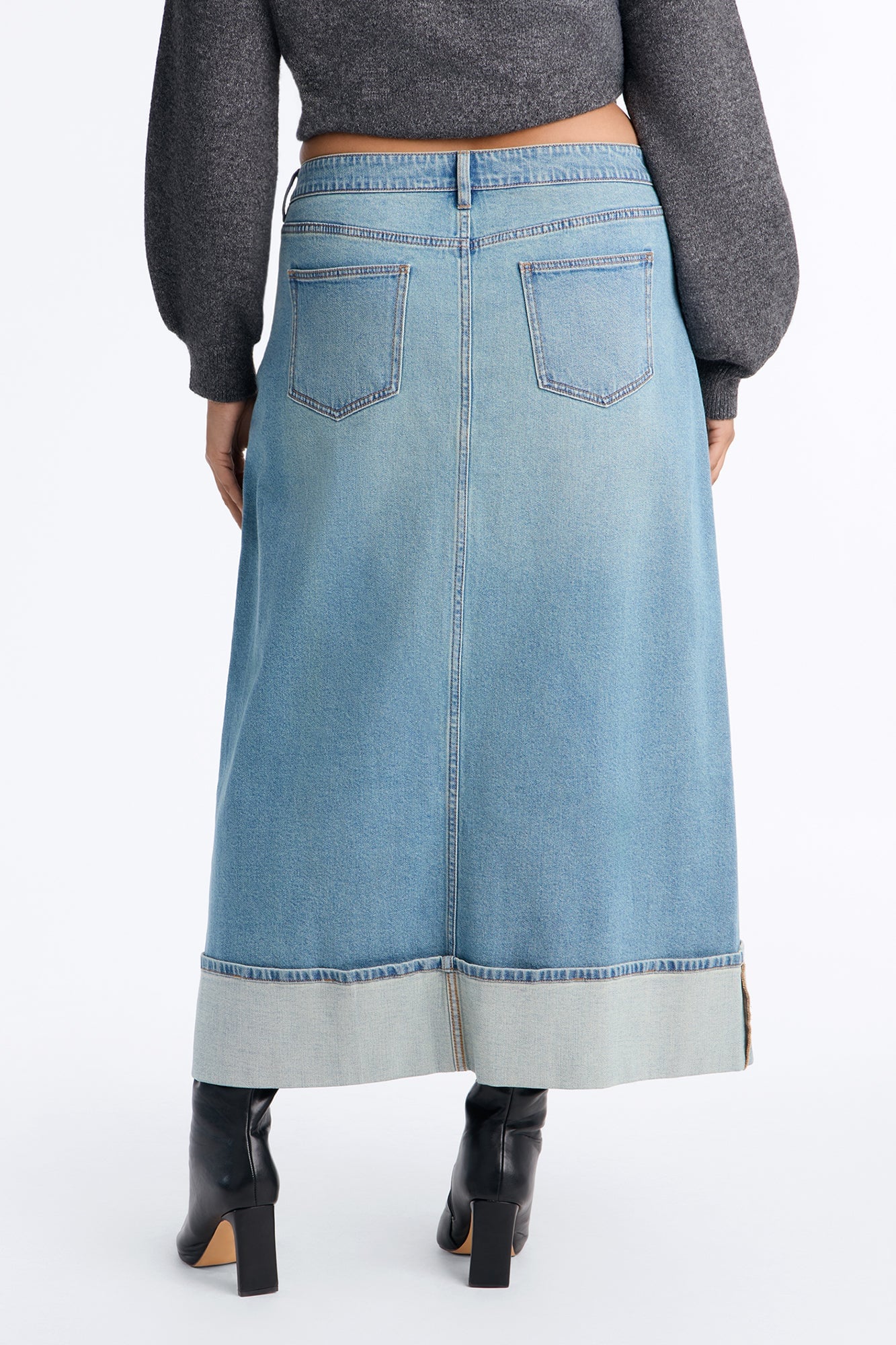 Loulou Mid Rise Denim Cuffed Hem Ankle Maxi Skirt - Vintage Wash image 4