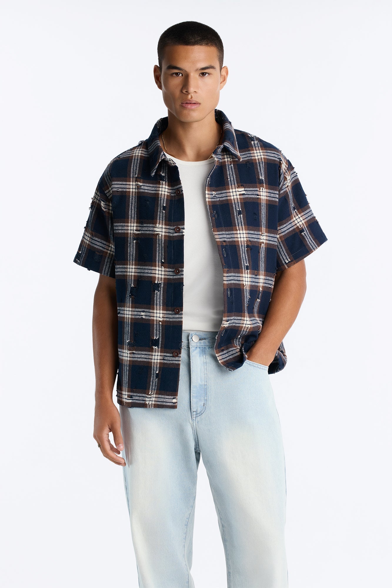 Plaid Washed Flannel Button Up Shirt - Brown/combo image 6