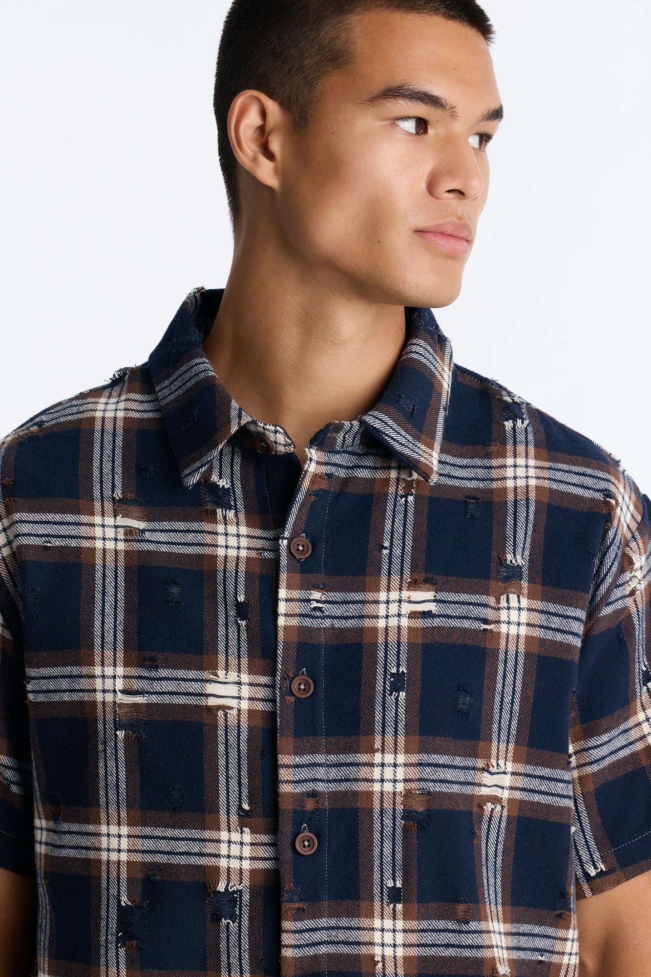 Plaid Washed Flannel Button Up Shirt - Brown/combo image 7