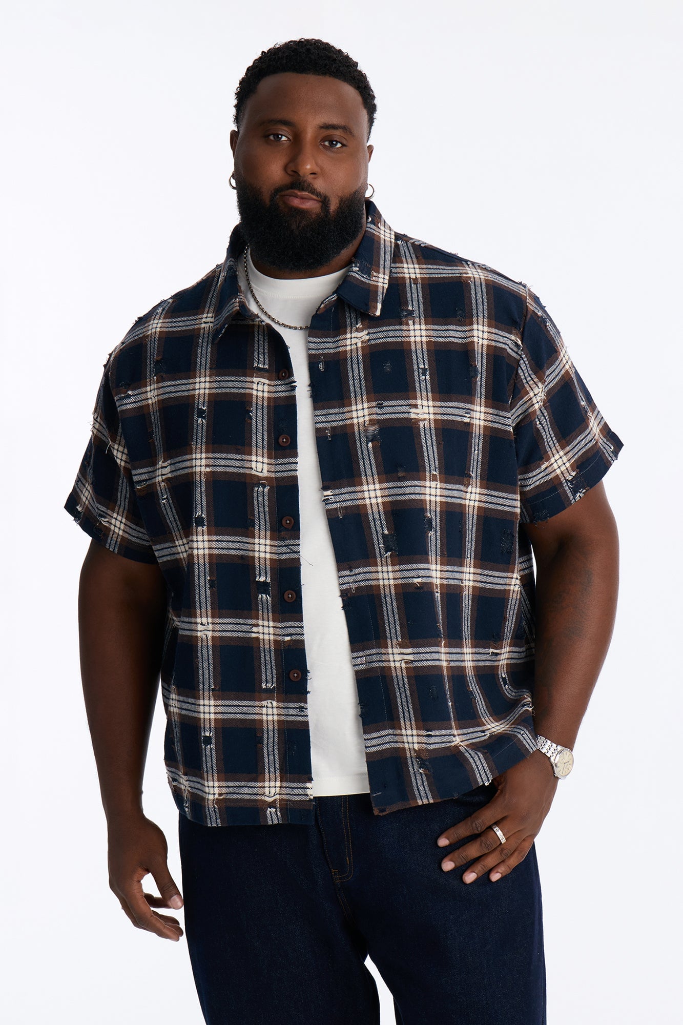 Plaid Washed Flannel Button Up Shirt - Brown/combo image 1