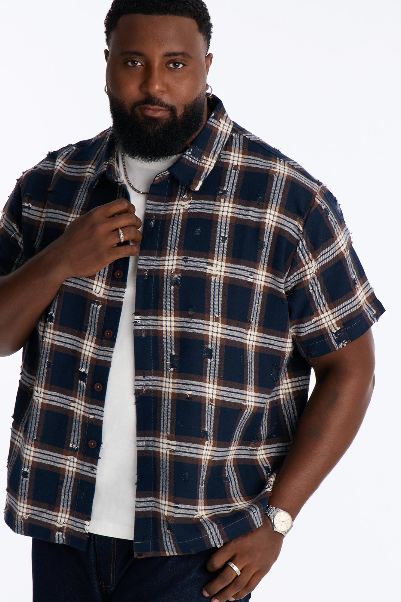Plaid Washed Flannel Button Up Shirt - Brown/combo image 3