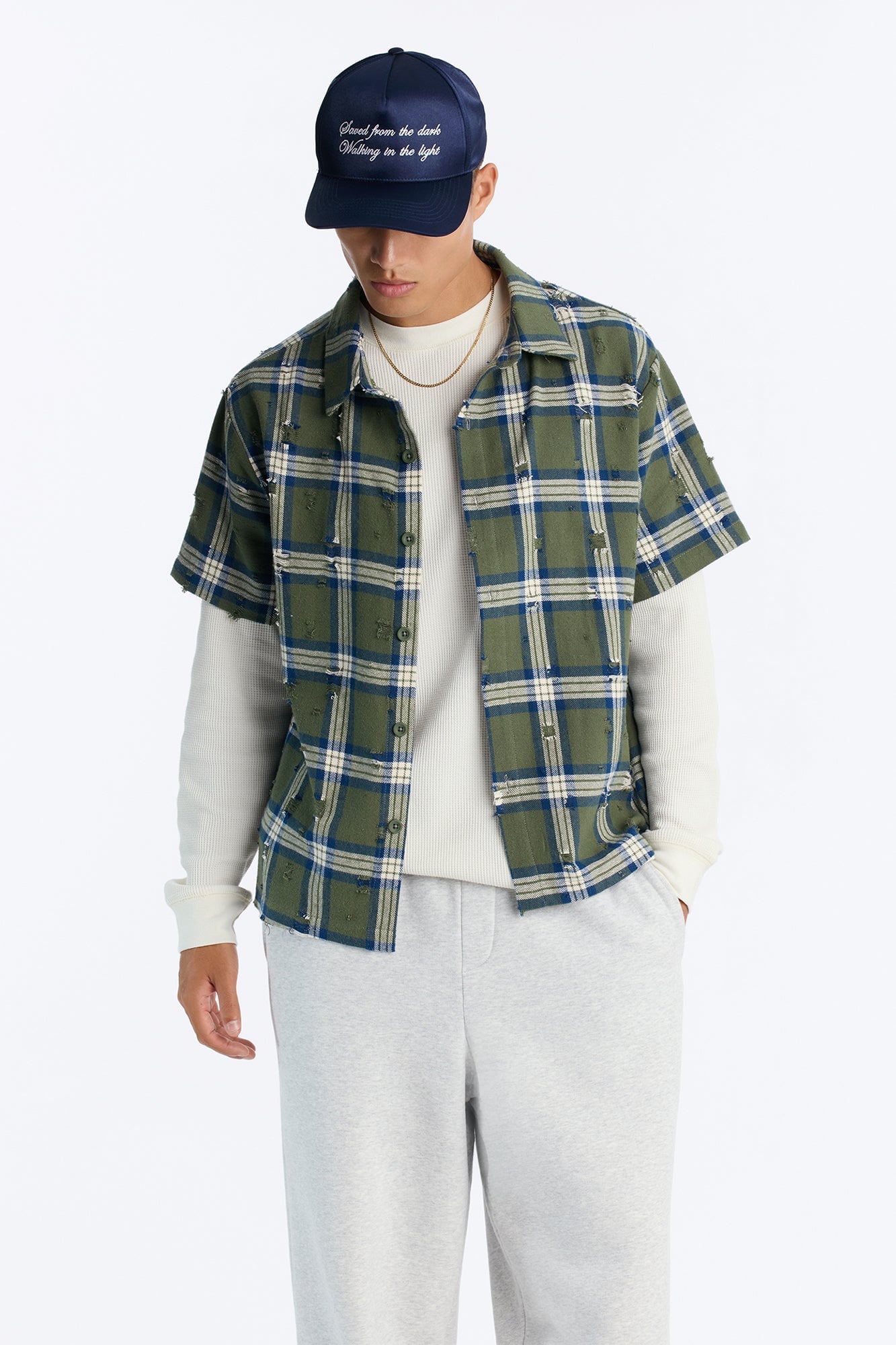 Plaid Washed Flannel Button Up Shirt - Green/combo image 6