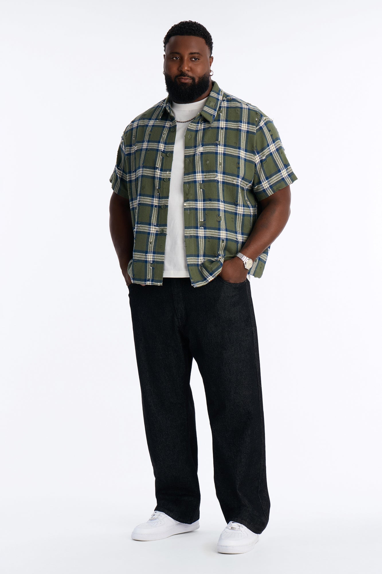 Plaid Washed Flannel Button Up Shirt - Green/combo image 2