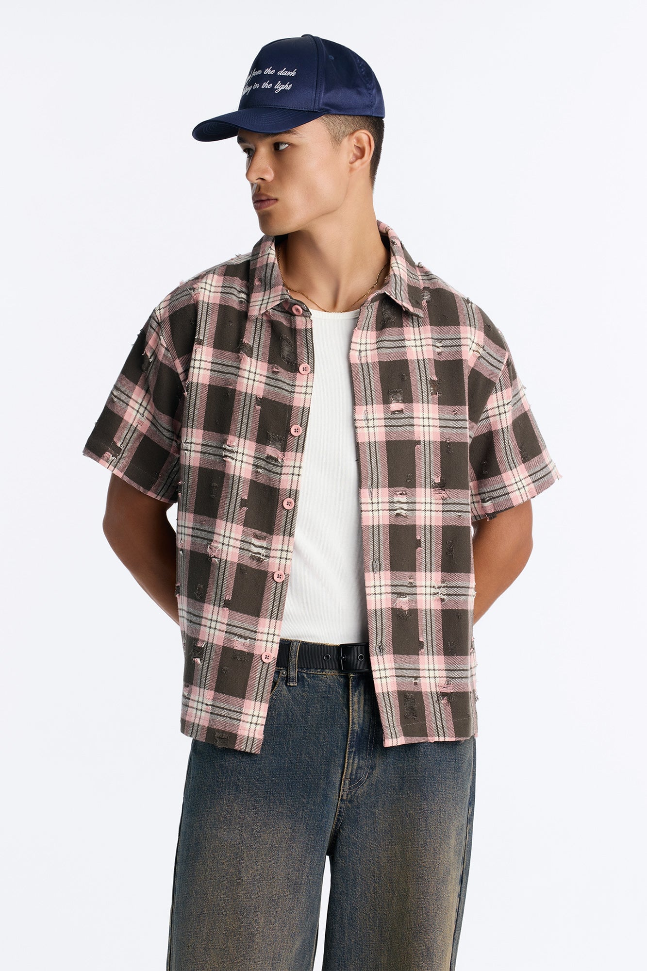 Plaid Washed Flannel Button Up Shirt - Pink/combo image 5