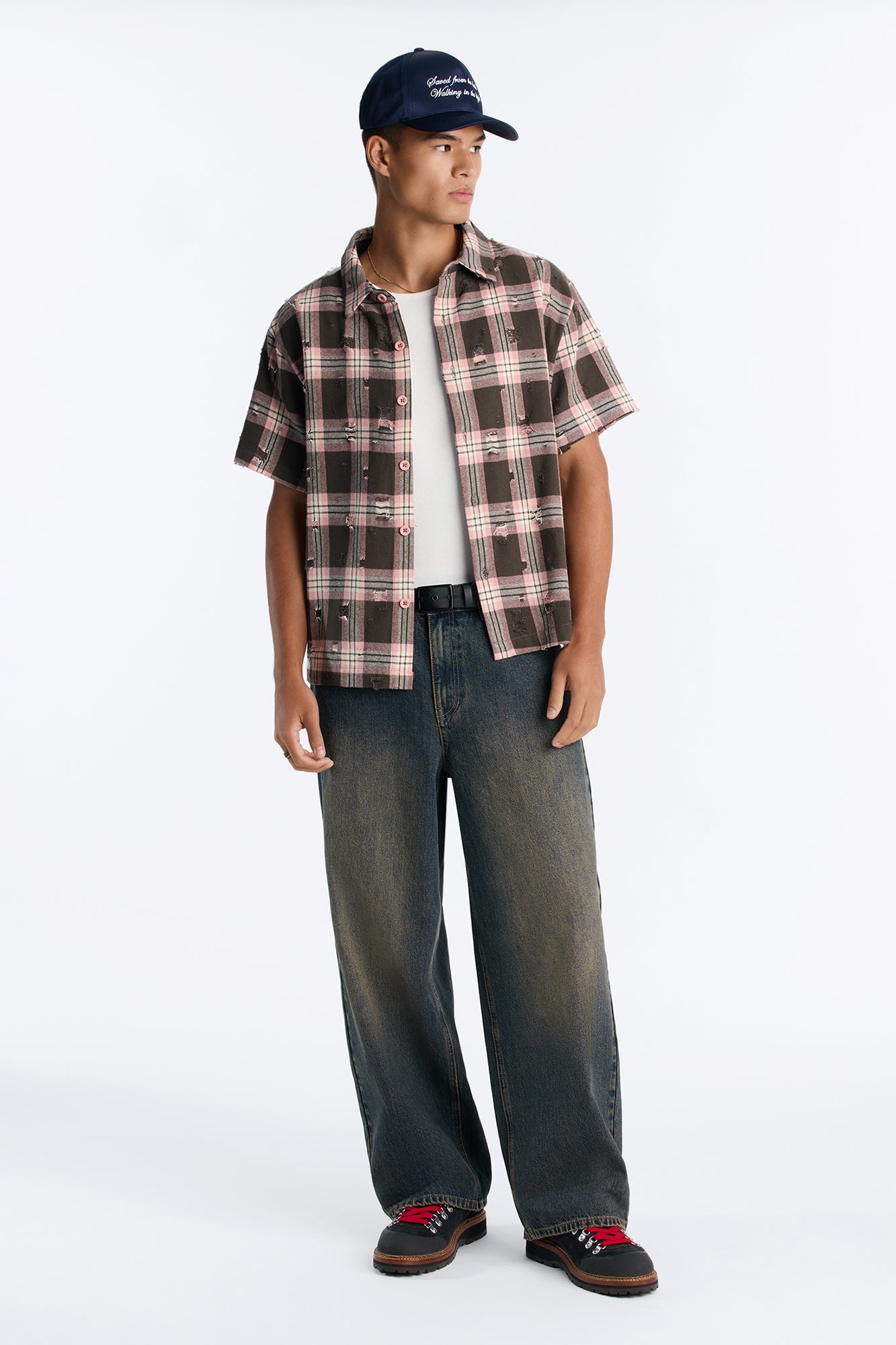 Plaid Washed Flannel Button Up Shirt - Pink/combo image 6