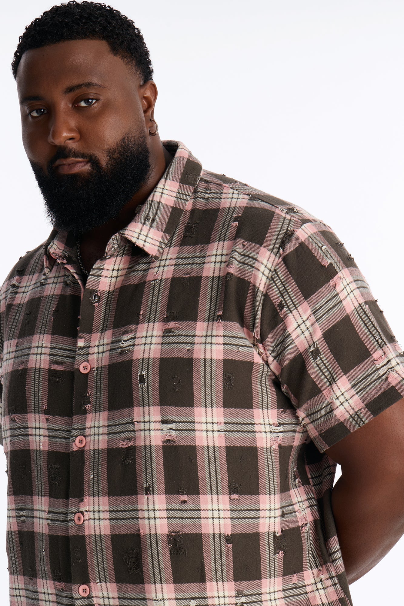Plaid Washed Flannel Button Up Shirt - Pink/combo image 3