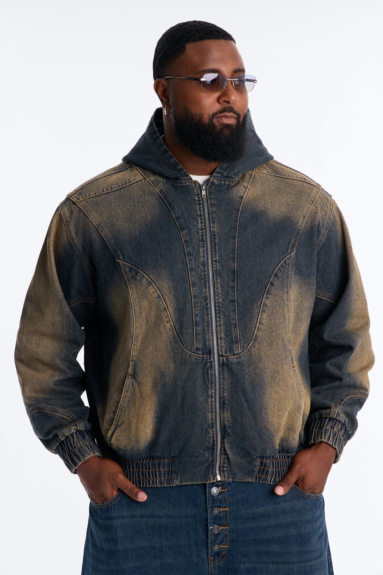 Panel Feeling It Denim Bomber Jacket - Brown image 1