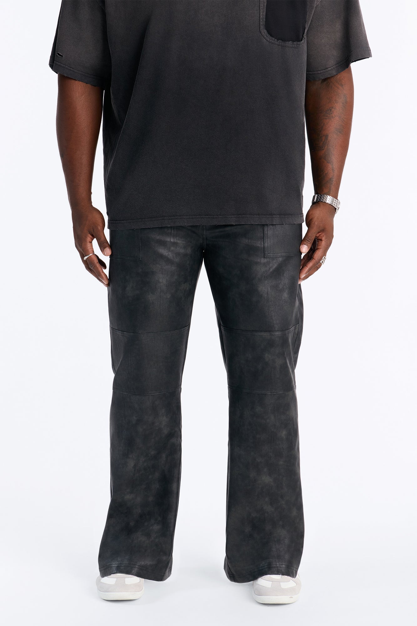 Straight Flared Stone Grained Faux Leather Zip Pant - Black image 2