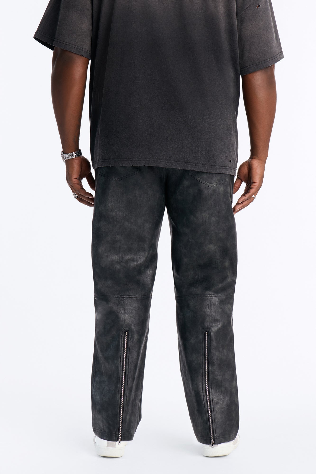 Straight Flared Stone Grained Faux Leather Zip Pant - Black image 3