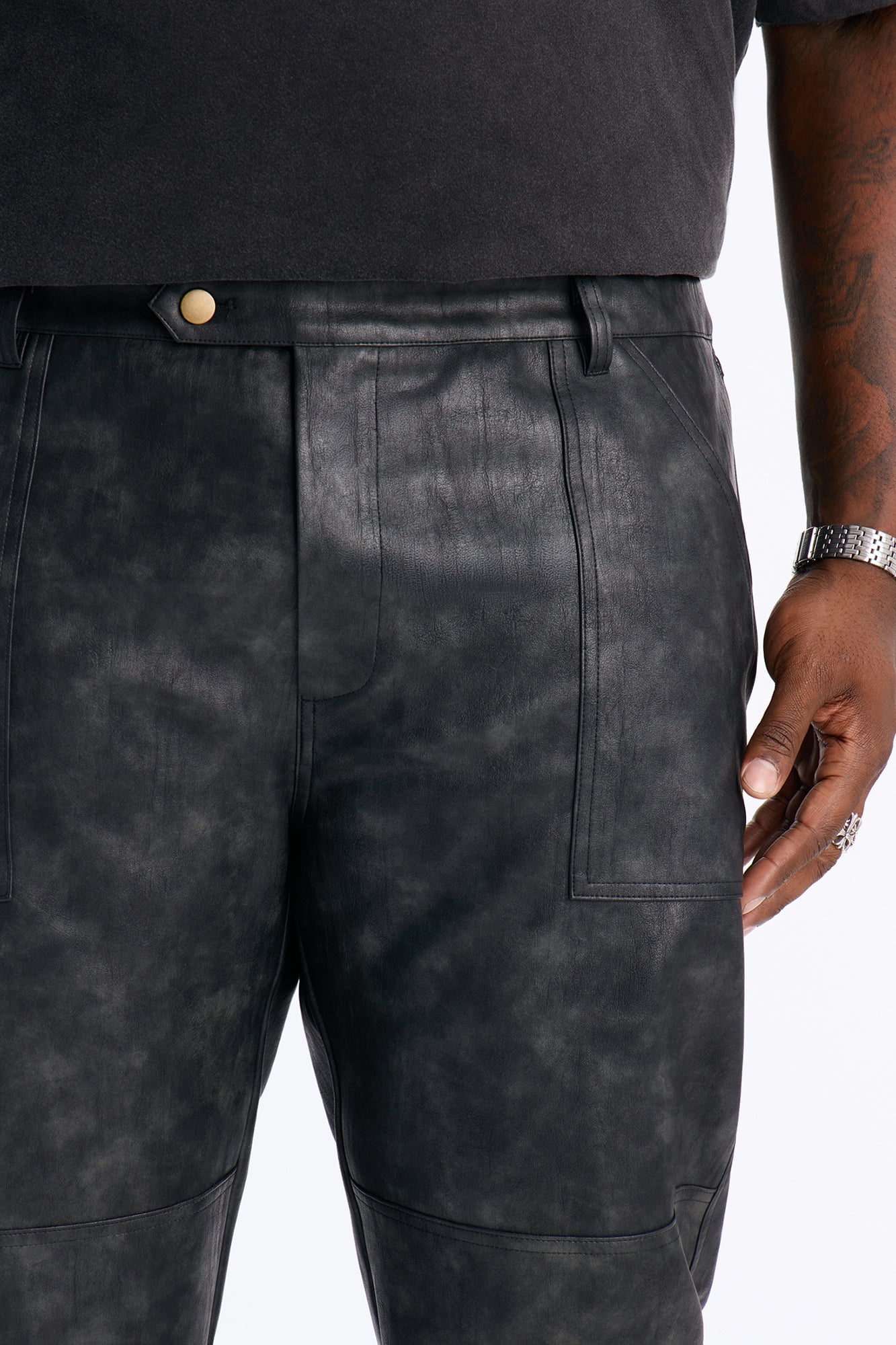 Straight Flared Stone Grained Faux Leather Zip Pant - Black image 4