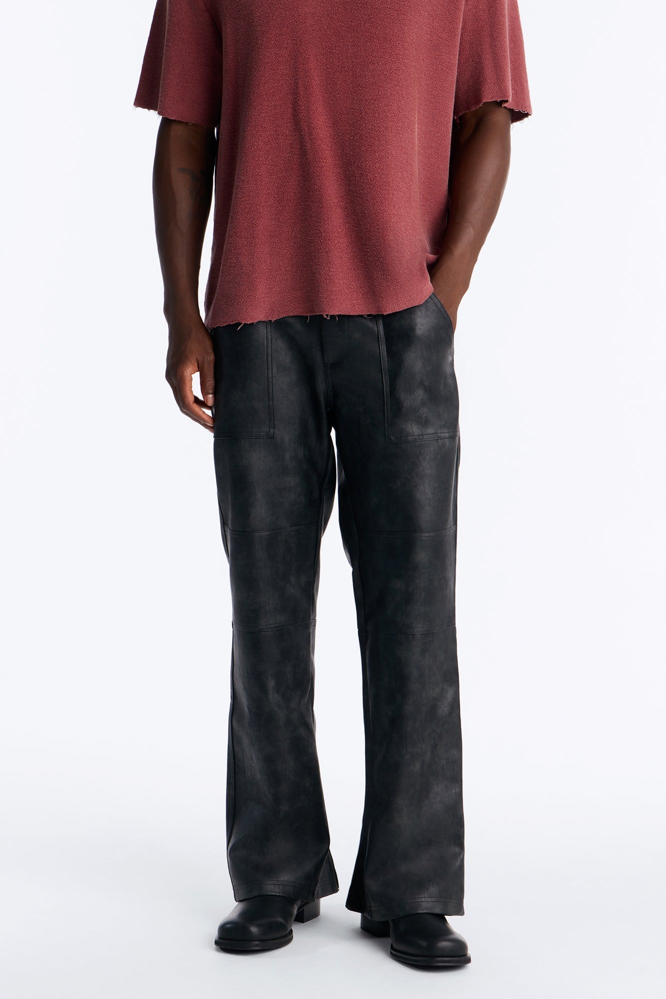 Straight Flared Stone Grained Faux Leather Zip Pant - Black image 7