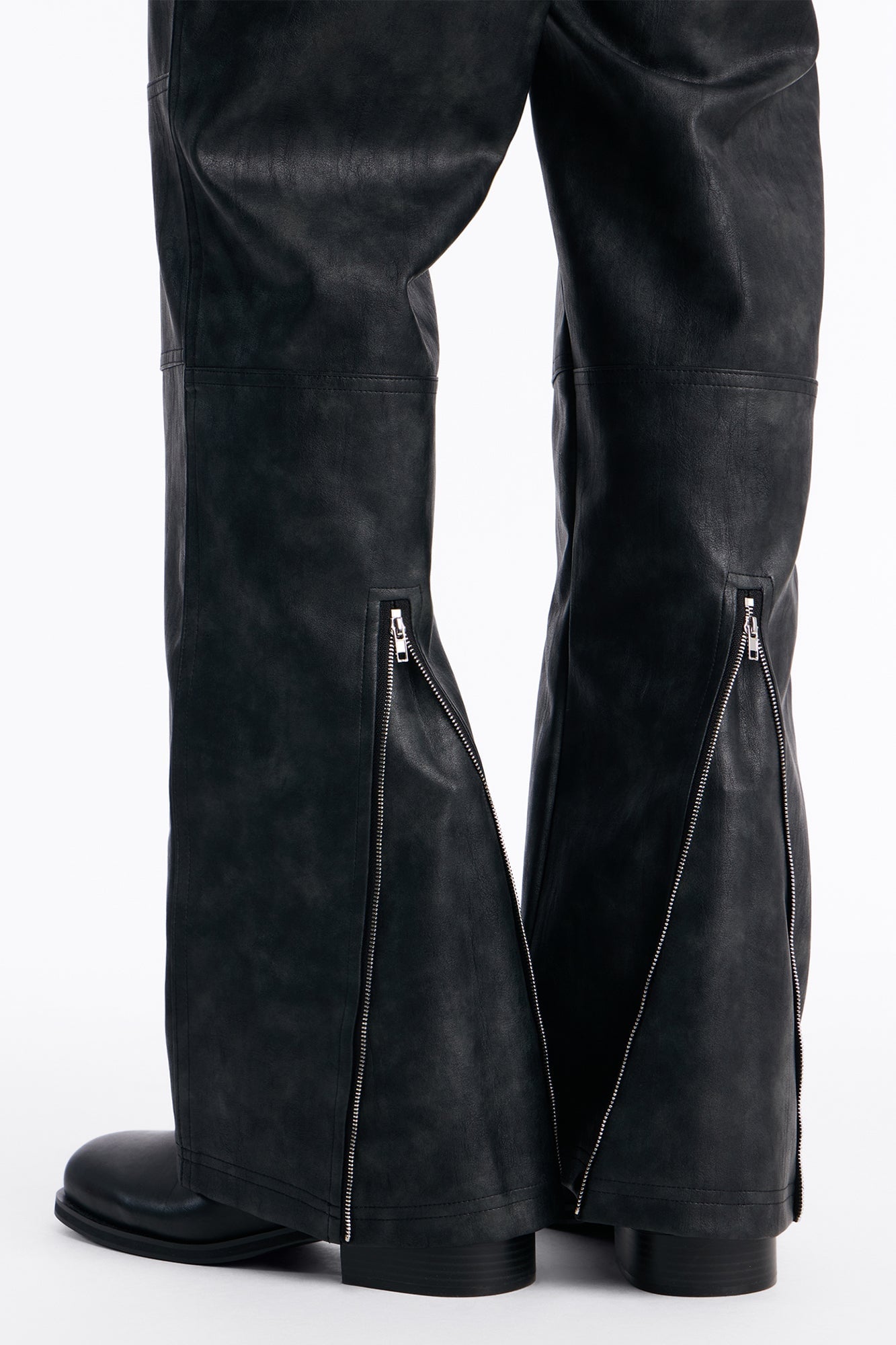 Straight Flared Stone Grained Faux Leather Zip Pant - Black image 10