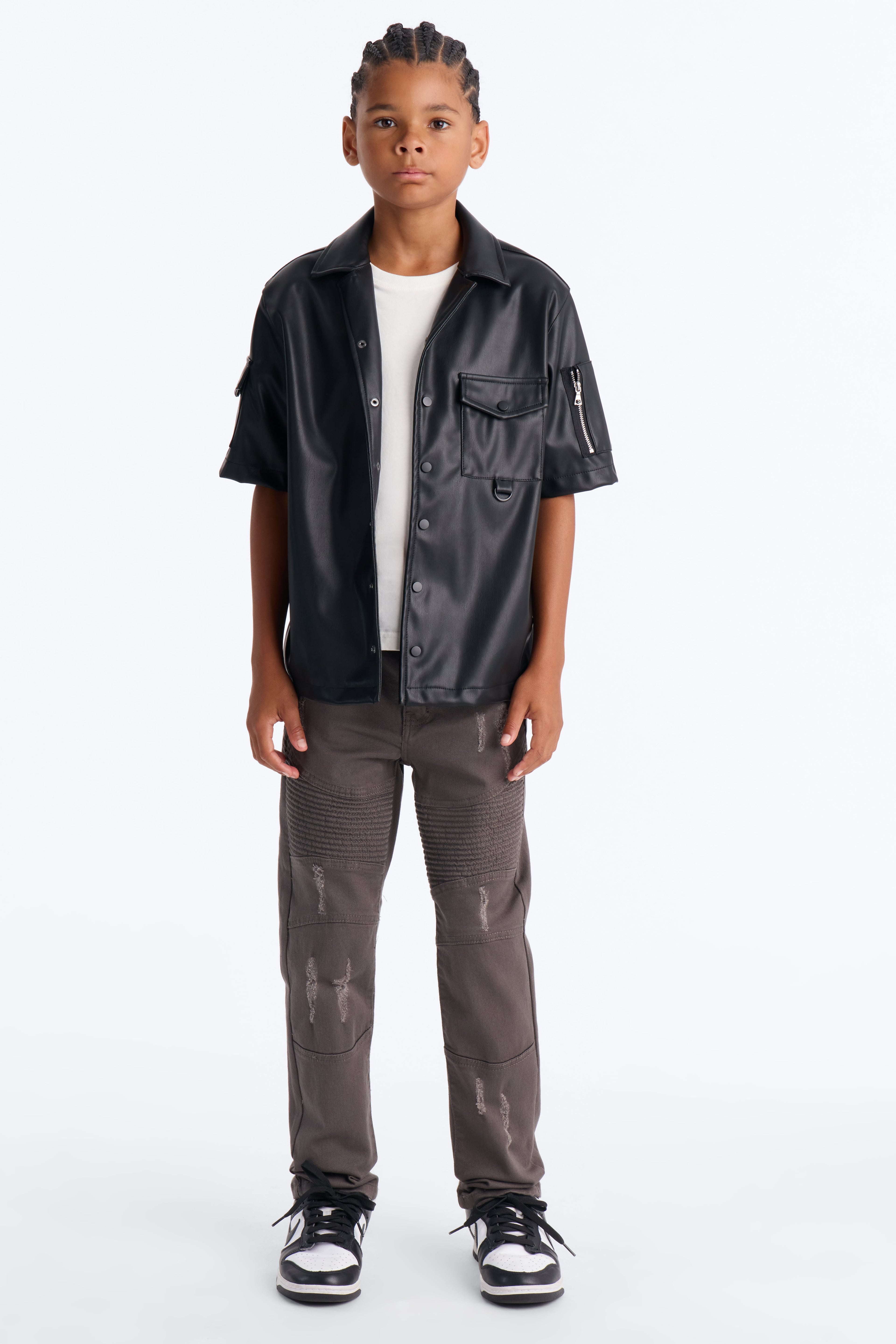 Mini Utility Faux Leather Short Sleeve Button Up Shirt - Black image 2