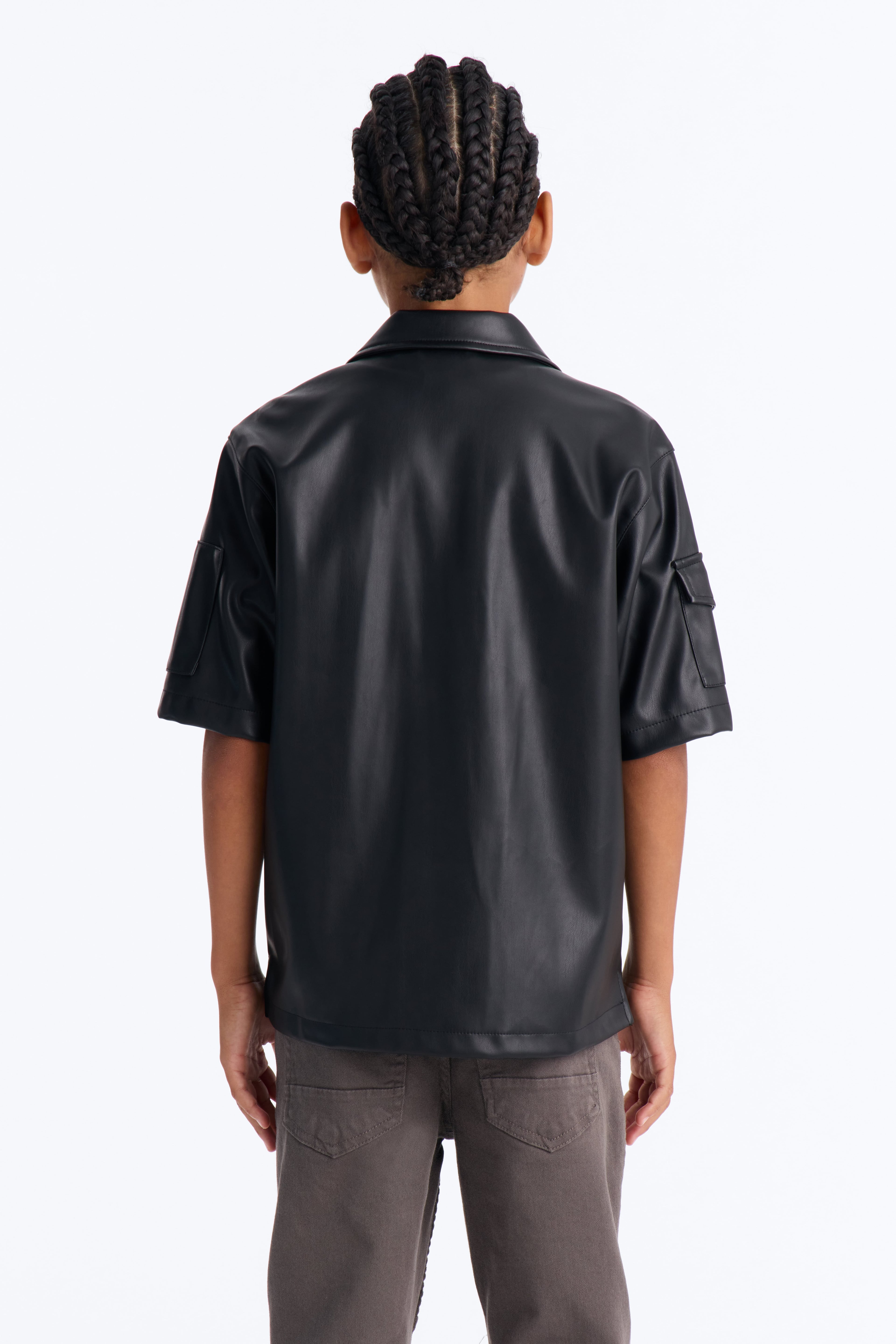 Mini Utility Faux Leather Short Sleeve Button Up Shirt - Black image 3