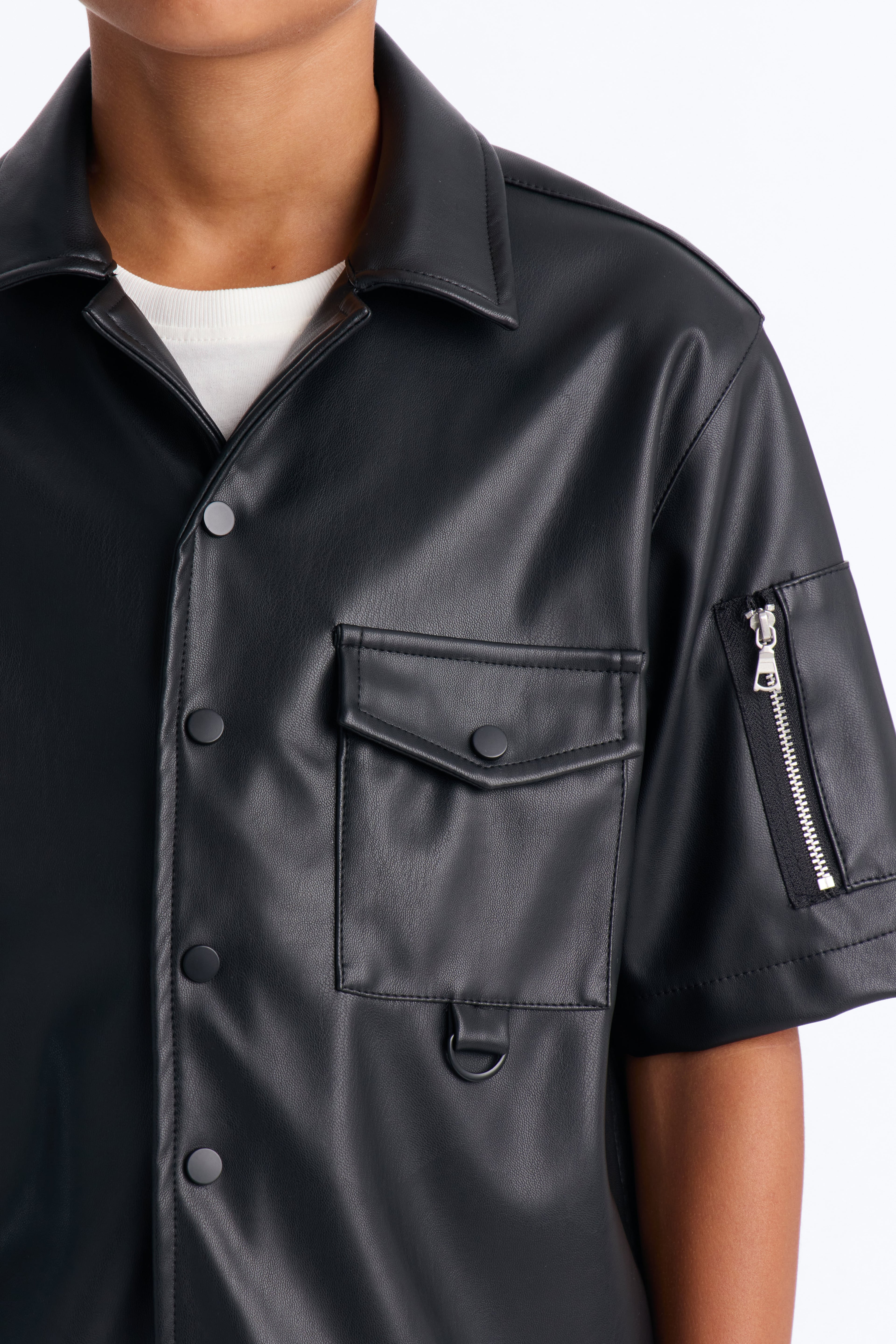Mini Utility Faux Leather Short Sleeve Button Up Shirt - Black image 4