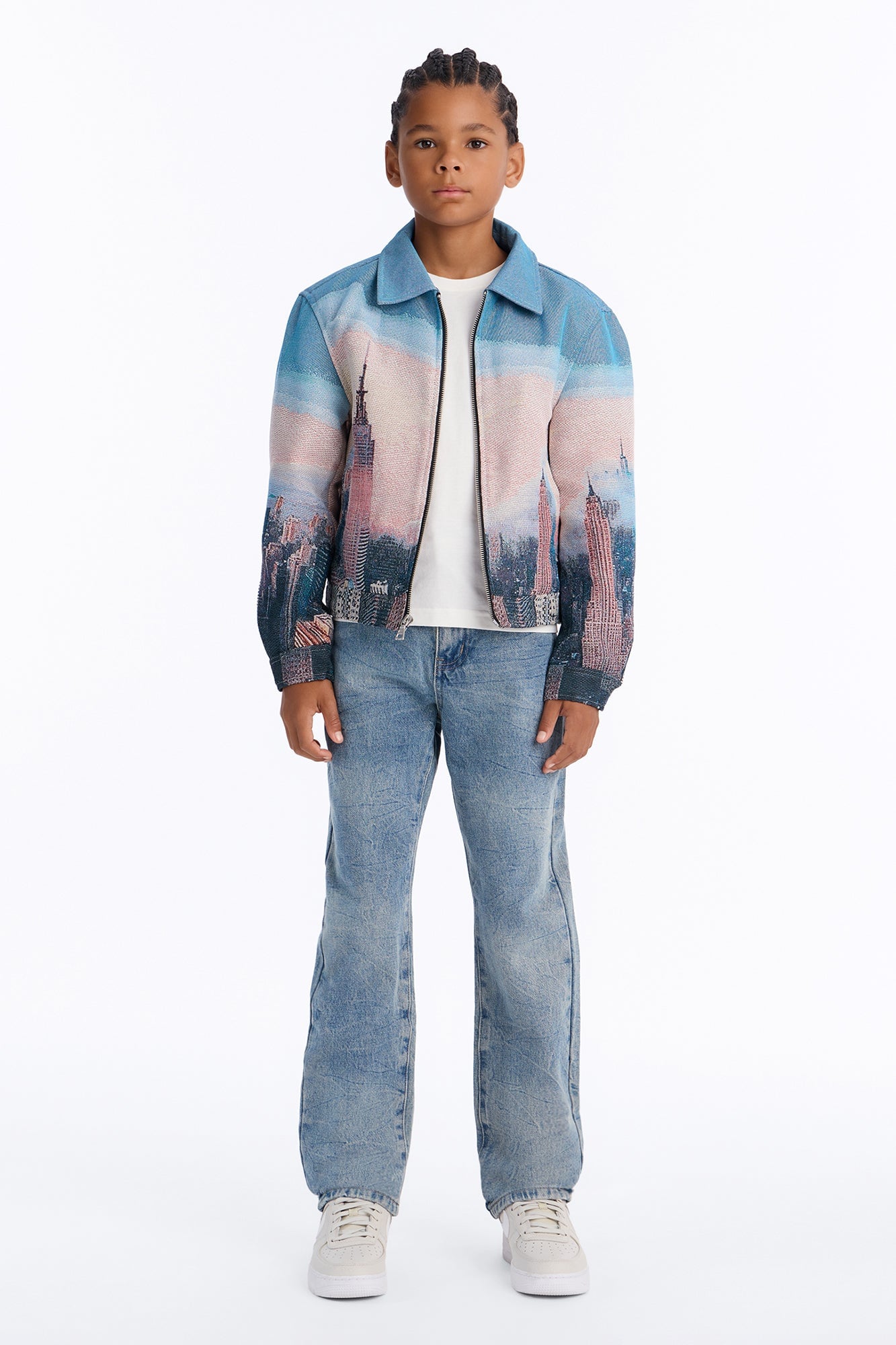 Mini Cropped Tapestry Skyline Work Jacket - Blue image 2