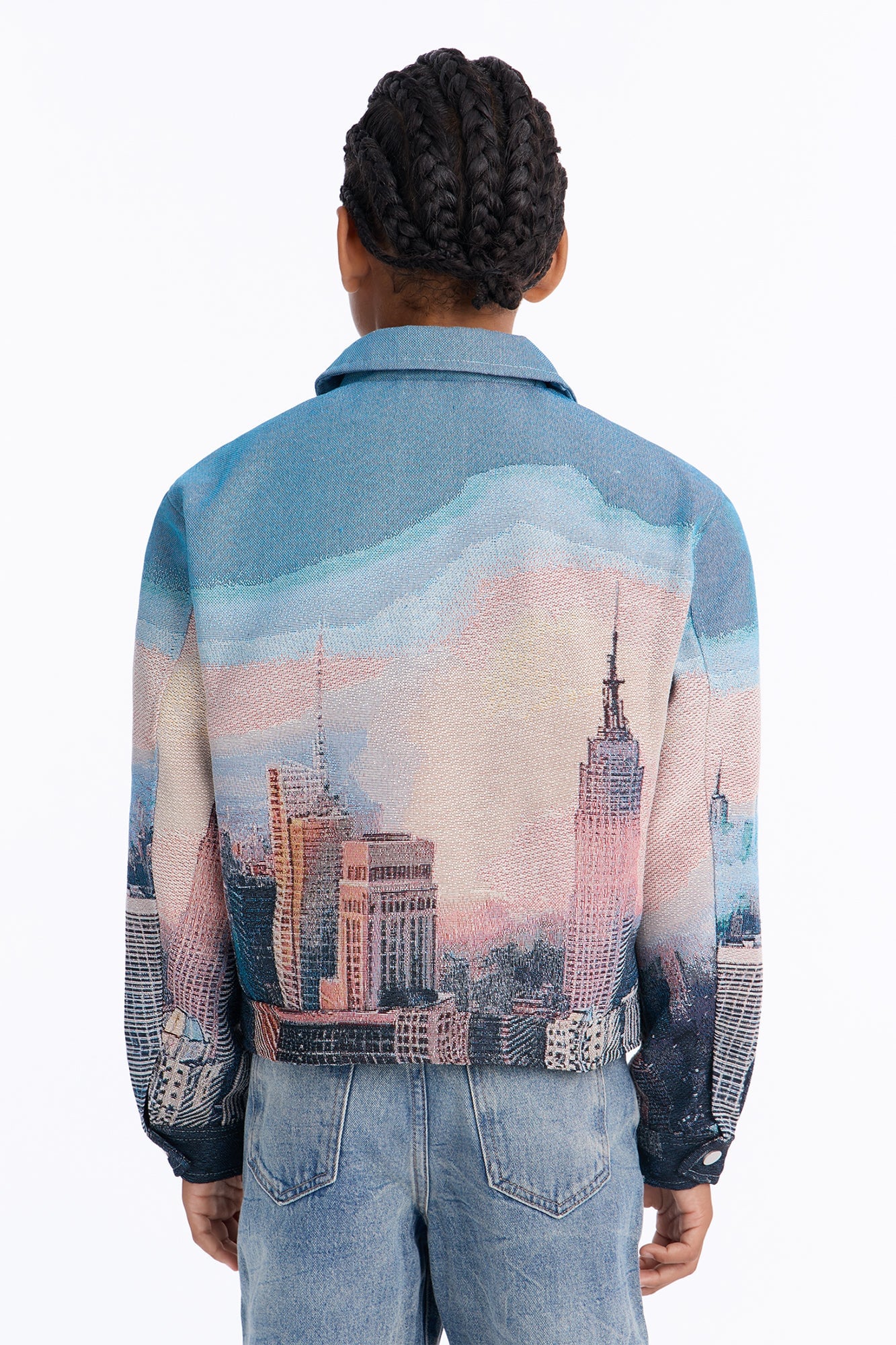 Mini Cropped Tapestry Skyline Work Jacket - Blue image 3