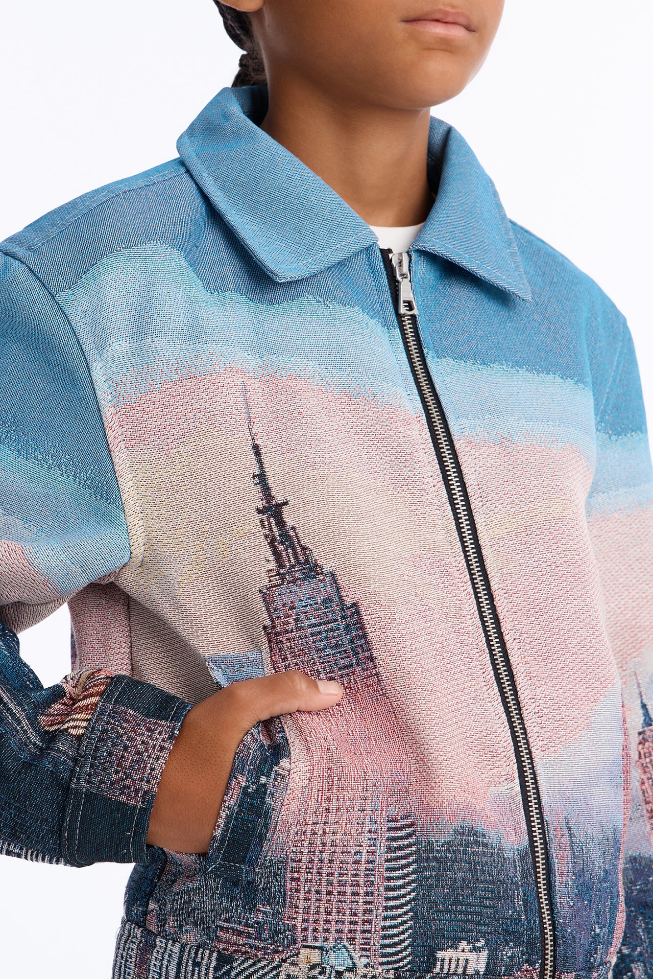 Mini Cropped Tapestry Skyline Work Jacket - Blue image 4