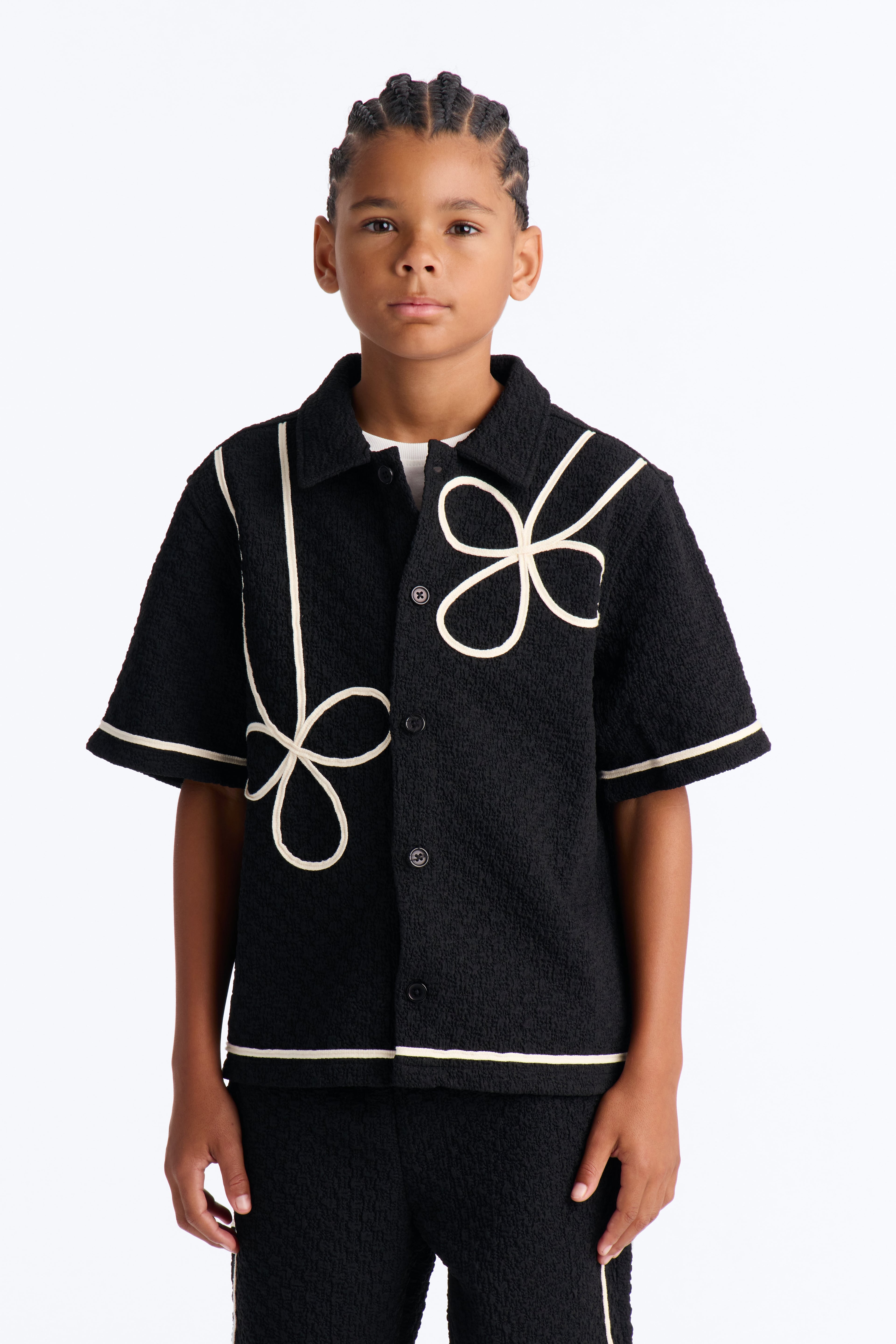 Mini Boxy Soho Weave Applique Textured Button Up Shirt - Black image 1