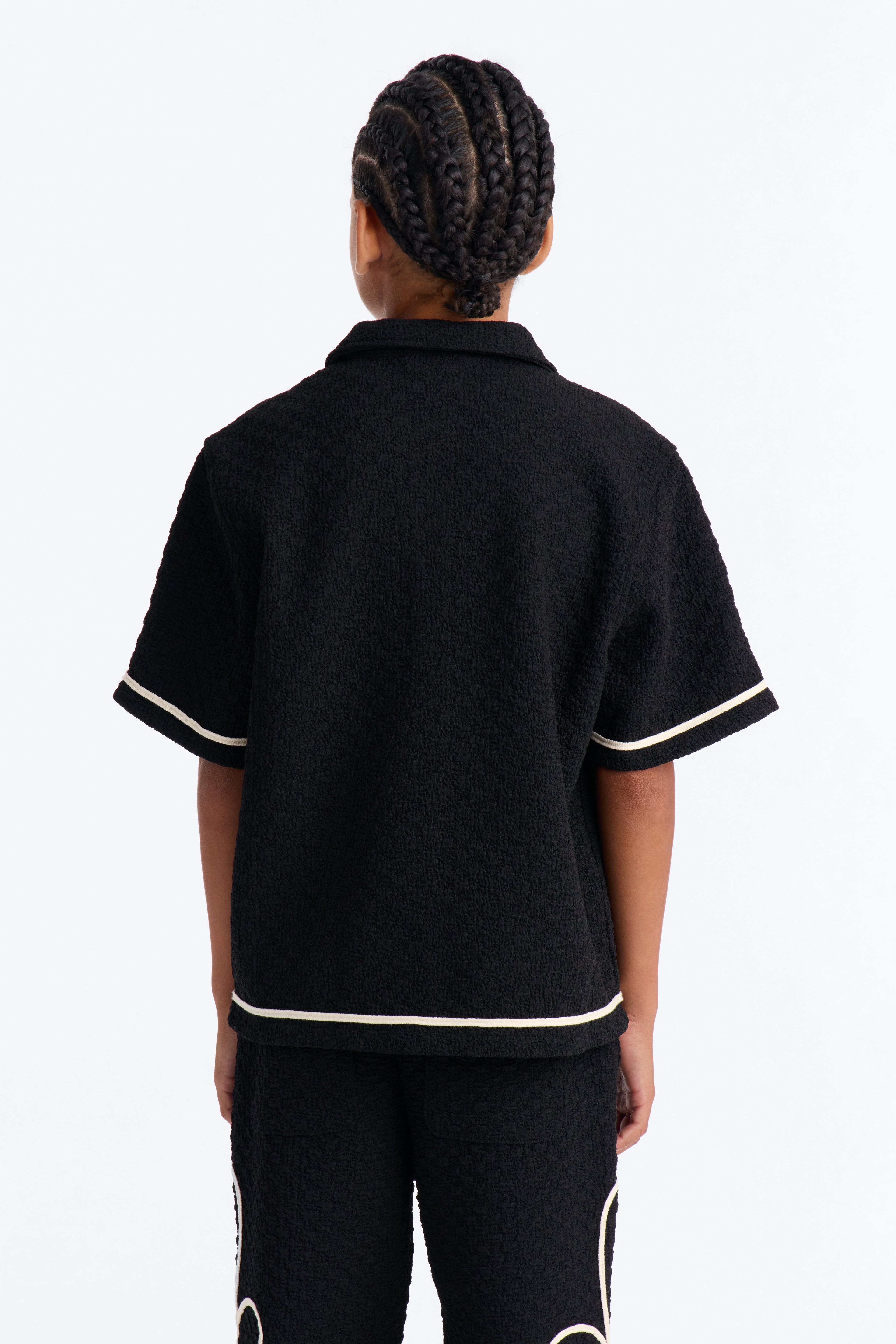 Mini Boxy Soho Weave Applique Textured Button Up Shirt - Black image 3