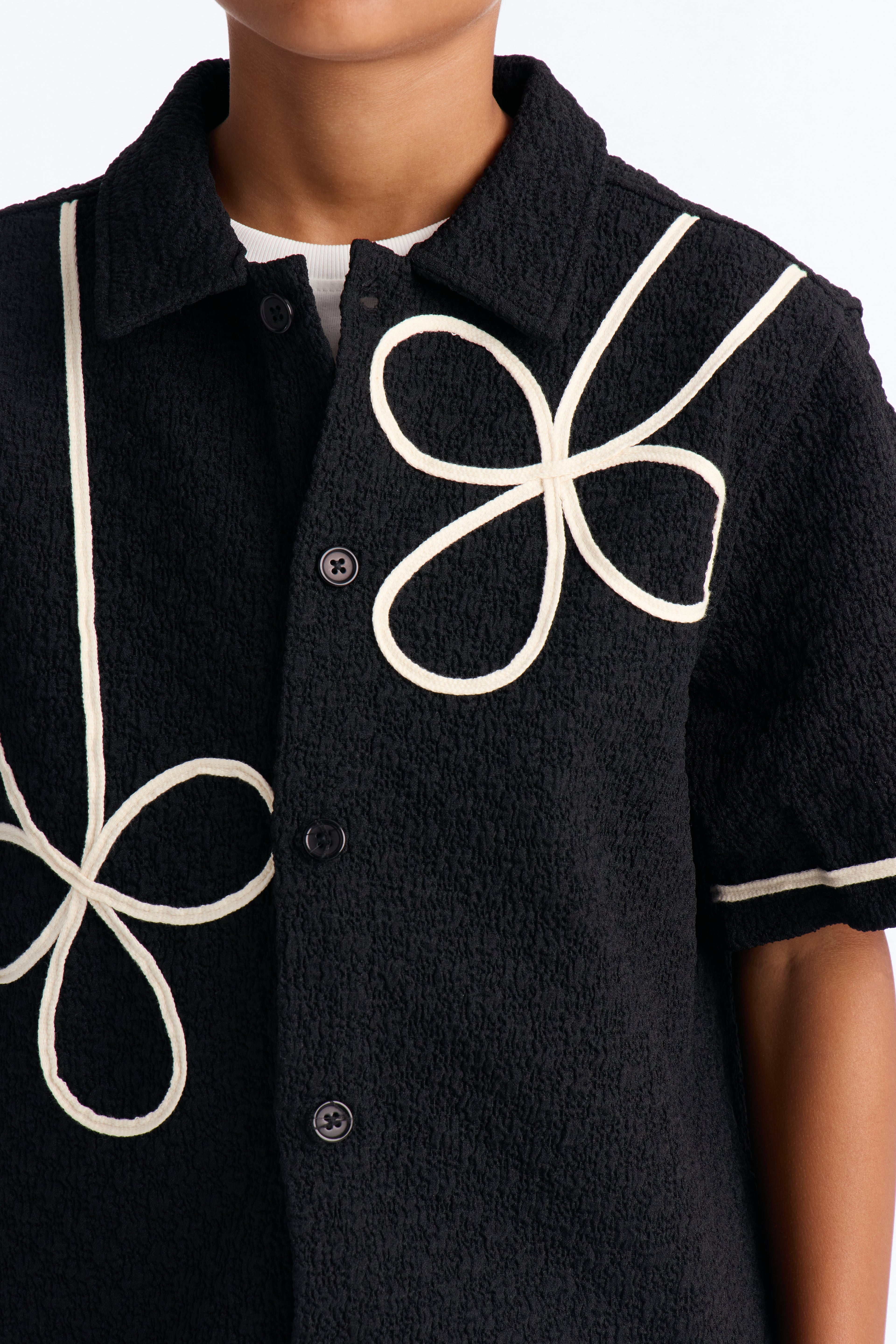 Mini Boxy Soho Weave Applique Textured Button Up Shirt - Black image 4