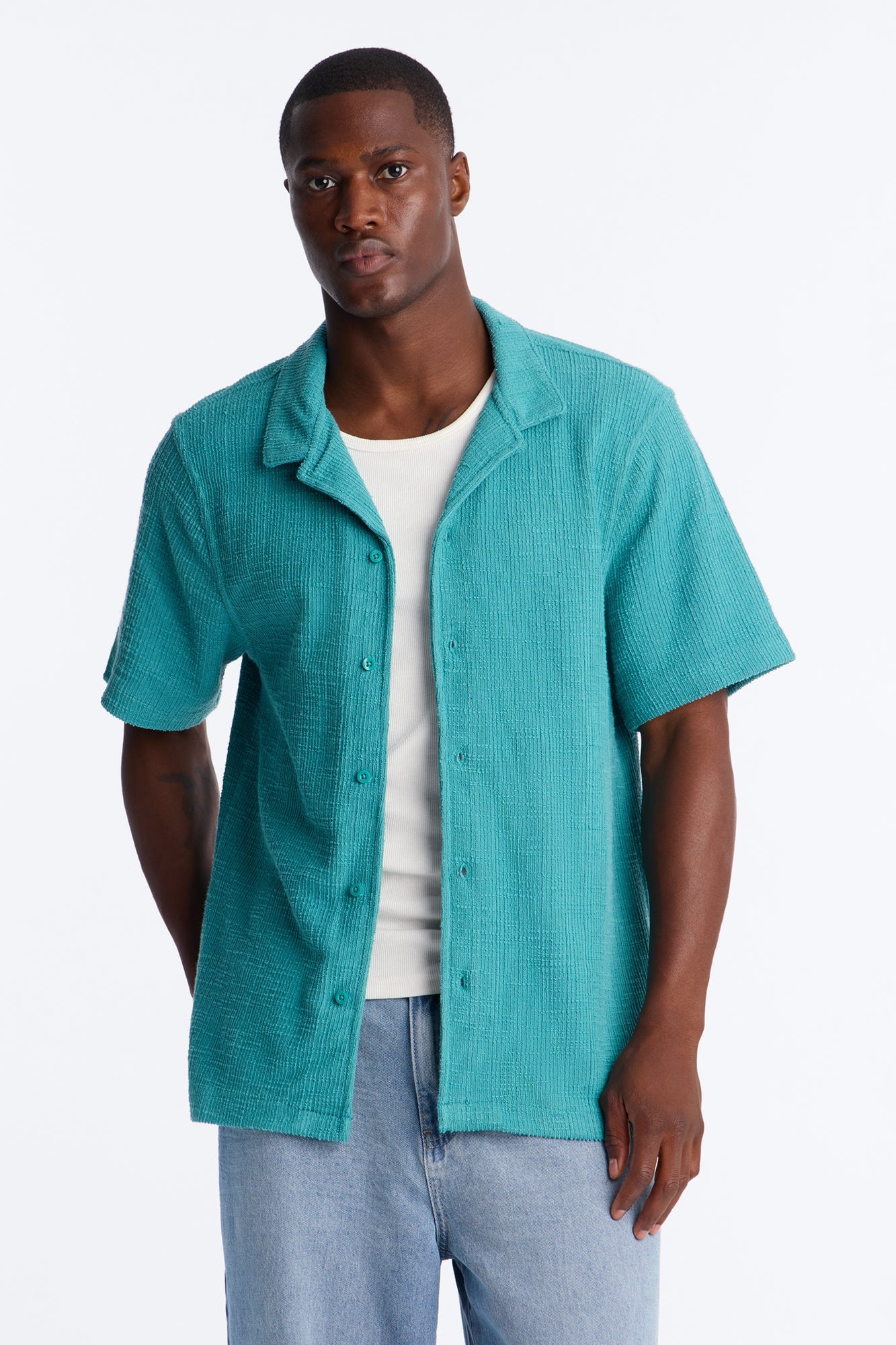 Dean Textured Short Sleeve Button Up Shirt - Teal image 4
