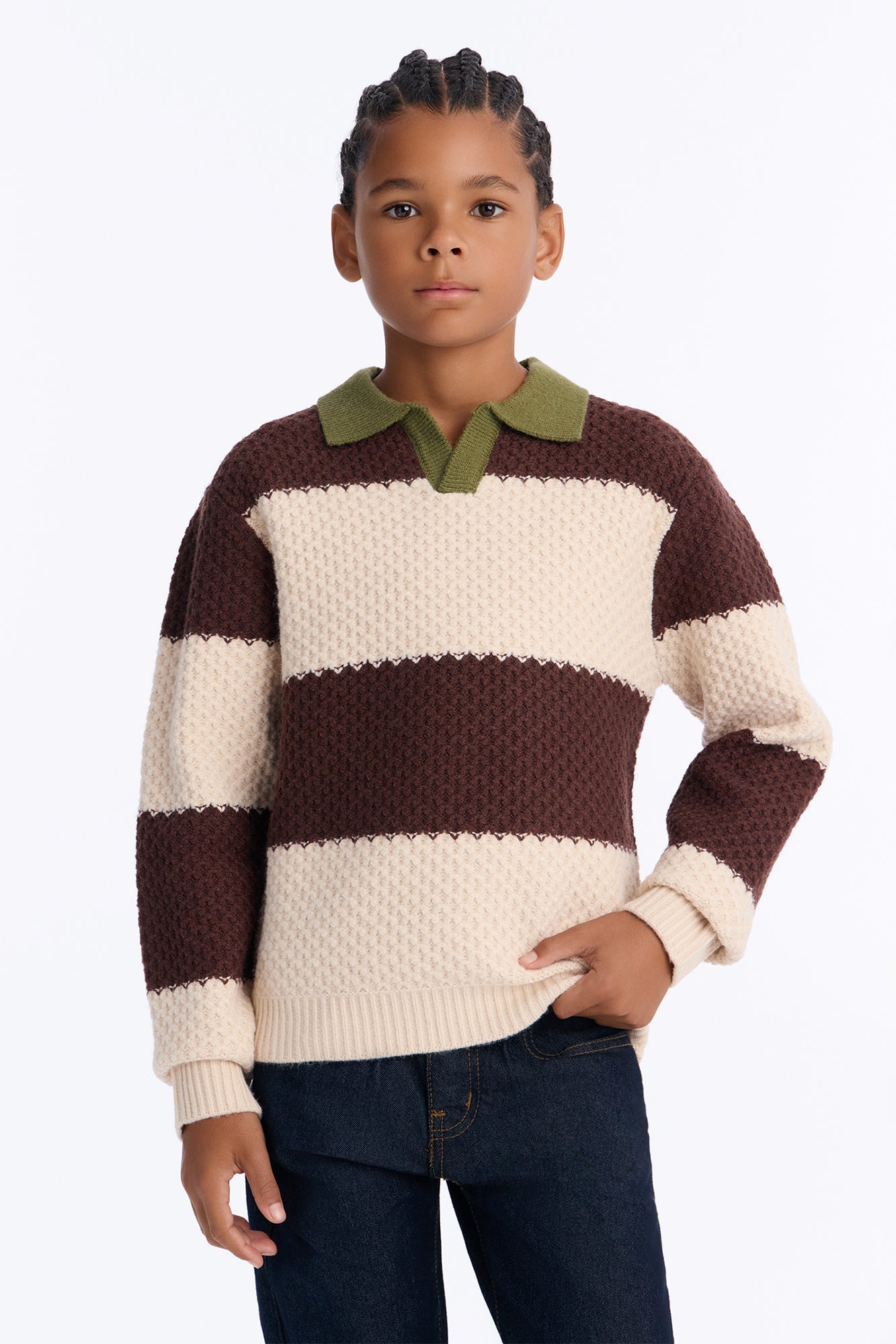 Mini Chunky Striped Polo Sweater - Brown image 1